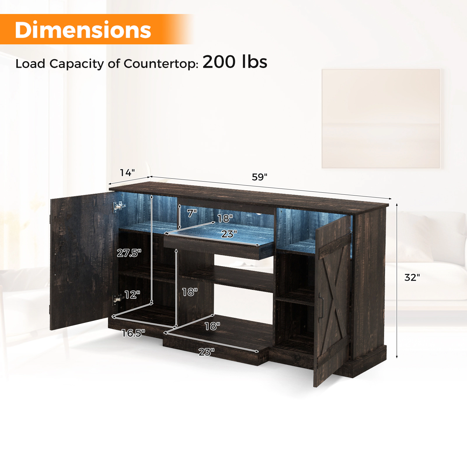 Glintex 59-Inch Rustic LED TV Stand with Central Fireplace Bay, Dark Rustic Oak