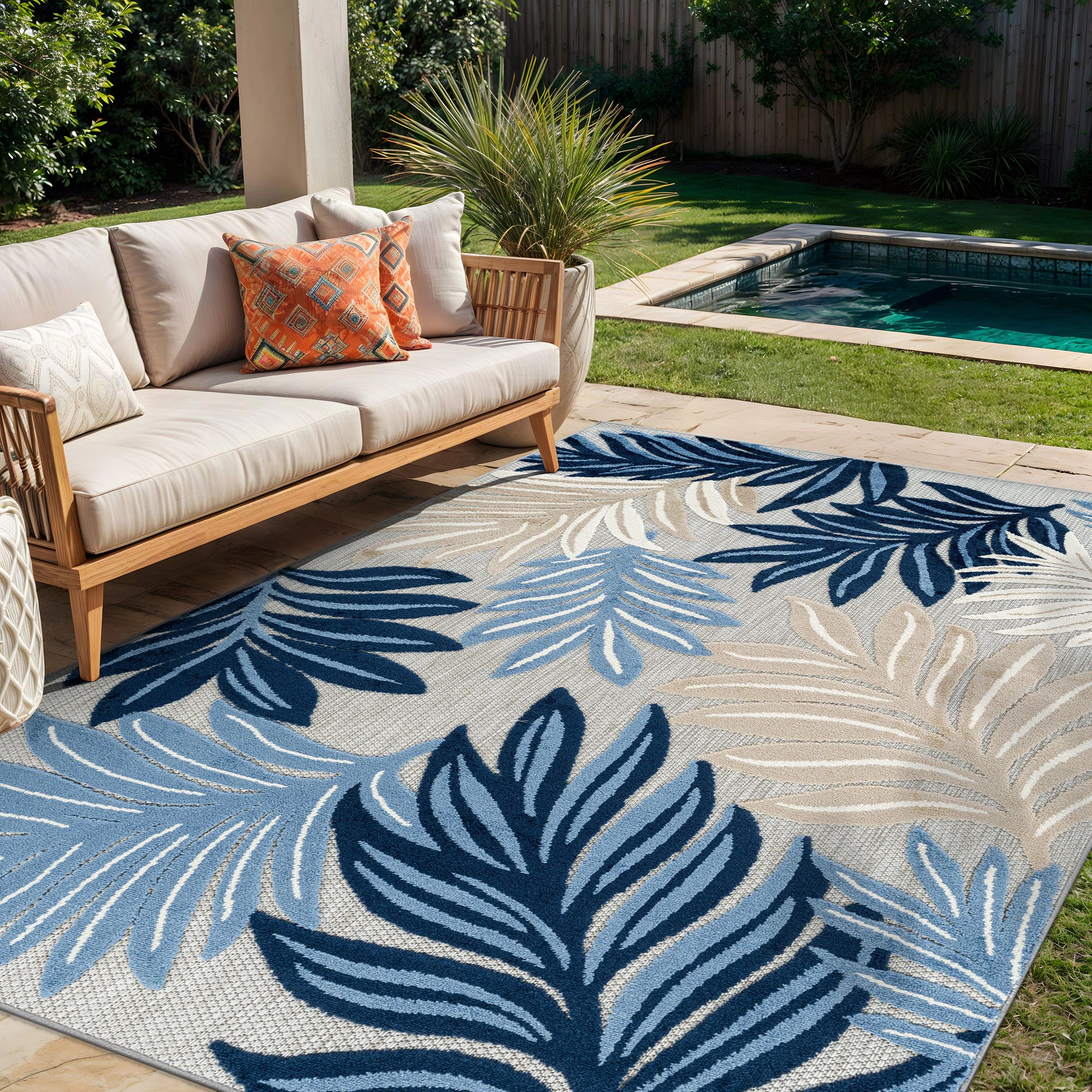 World Rug Gallery Indoor/Outdoor High-Low Textured Area Rug, Botanical, Easy-Clean Patio