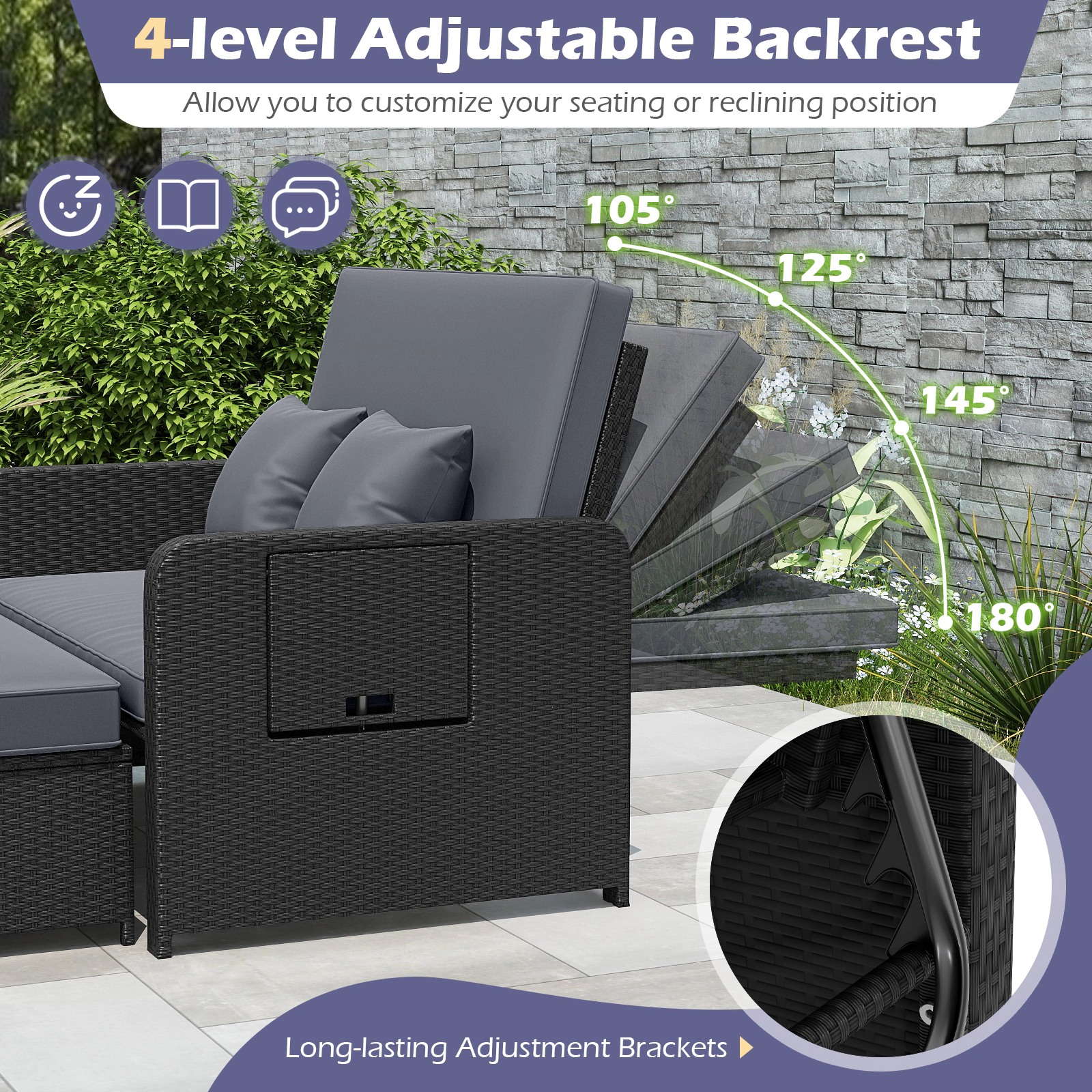 SUGIFT Black Wicker Outdoor Patio Daybed Loveseat, 4-Level Adjustable Backrest, 2 Side Tables