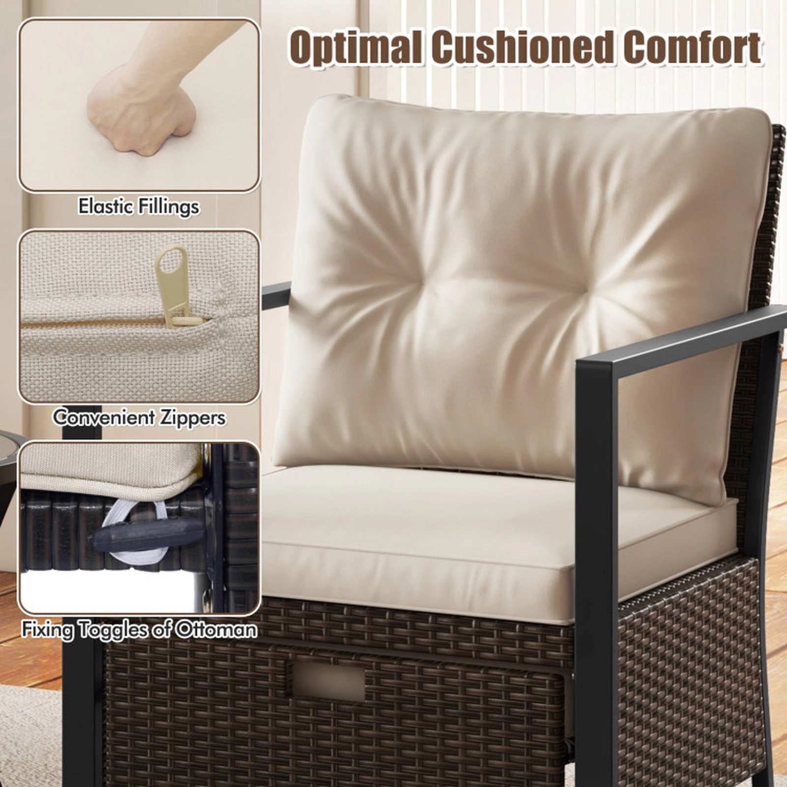 SUGIFT 4-Piece Mix Brown PE Rattan Patio Set with Ottomans and Glass Table