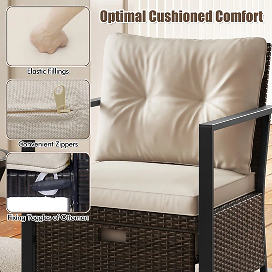 SUGIFT 4-Piece Mix Brown PE Rattan Patio Set with Ottomans and Glass Table