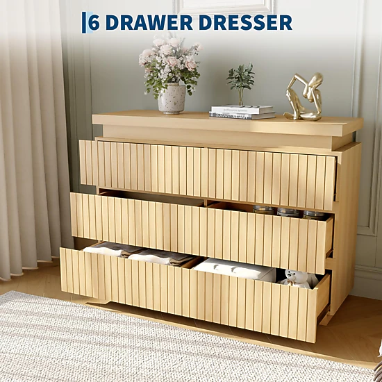 BebreezChic Modern Handleless 6-Drawer Dresser, Fluted Design, Thick Floating Top, White Wide Chest