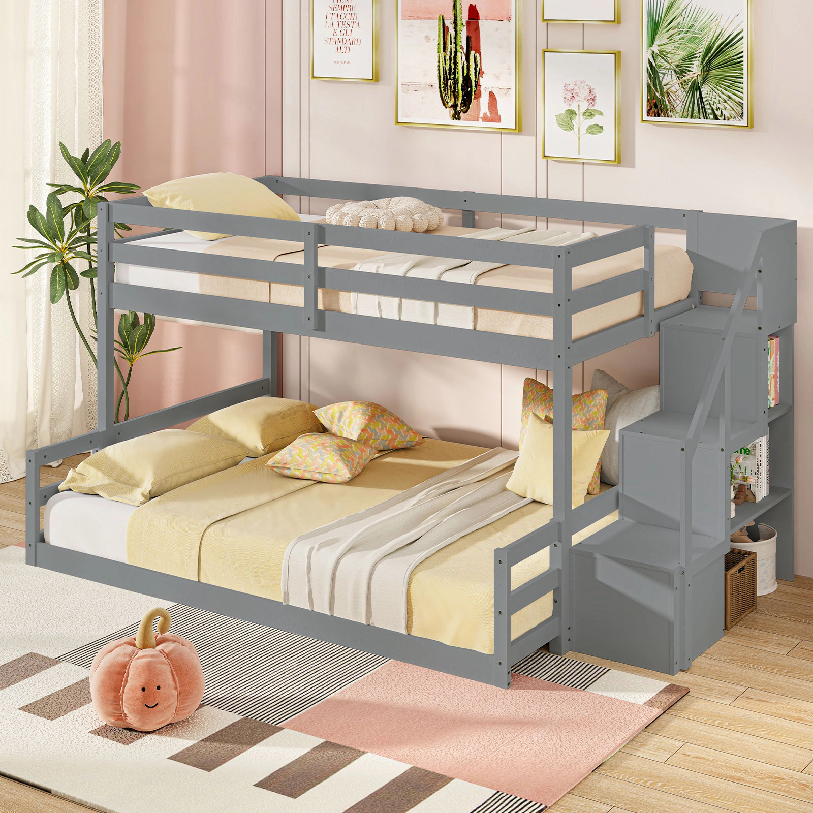 SUGIFT Kids Twin Over Full Storage Stairs Pine Wood Low Bunk Bed 94.5-in x 56.5-in x 50.5-in 250-lb Capacity Gray
