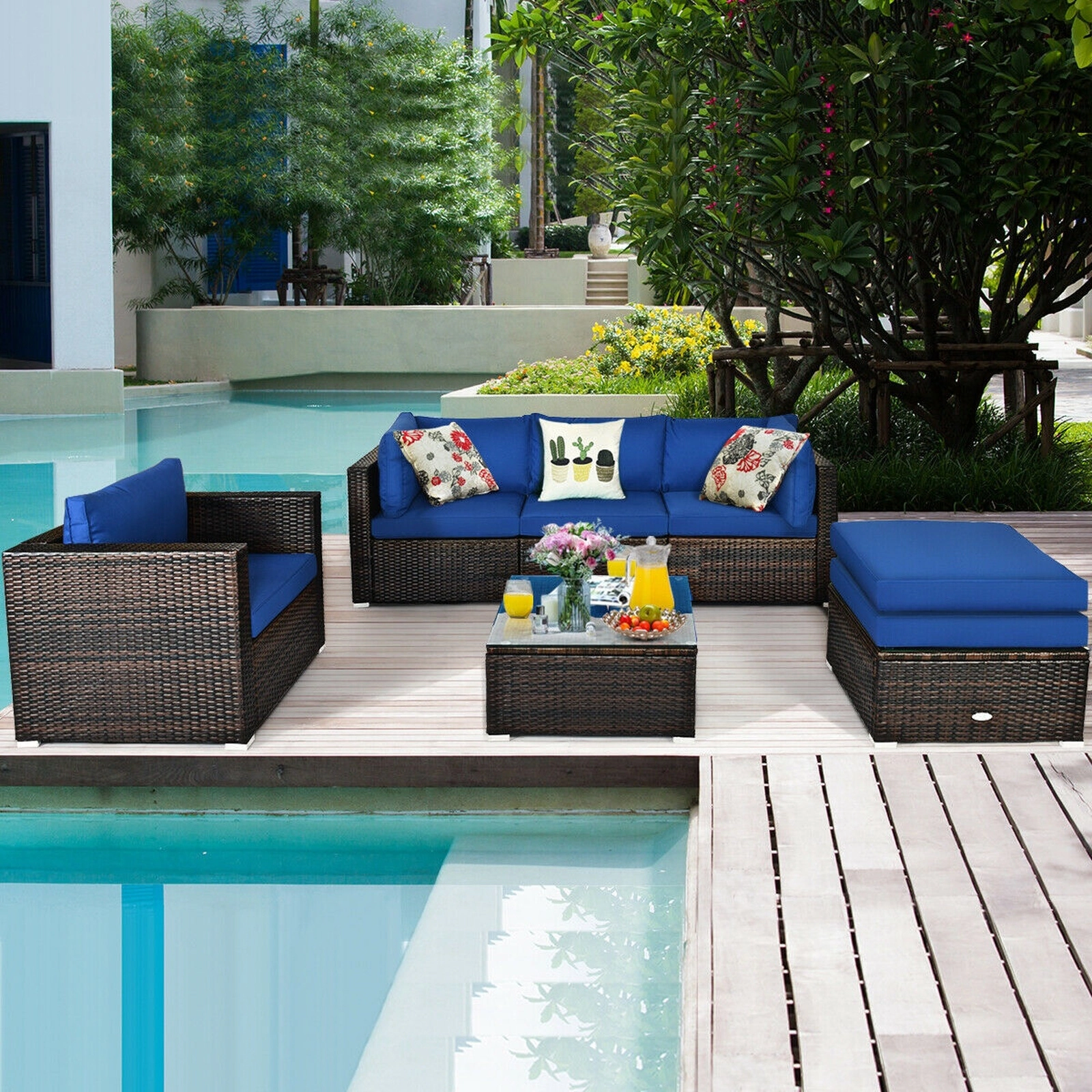 SUGIFT 6 Piece Patio Rattan Furniture Set Blue Sectional Sofa with Ottoman and Cushions