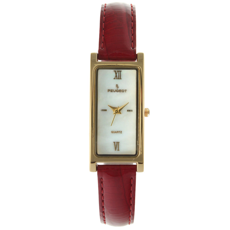 Peugeot Women's Rectangular Gold-Tone Case Watch Glossy Red Leather Strap