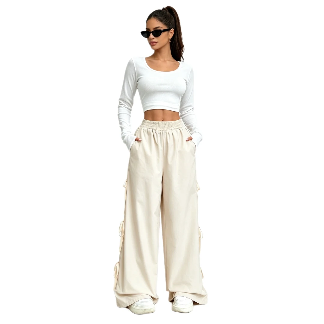 Coolmee Women’s Casual Girly Side Bow Wide Leg Pants Lightweight Elastic Waist Trousers with Pockets