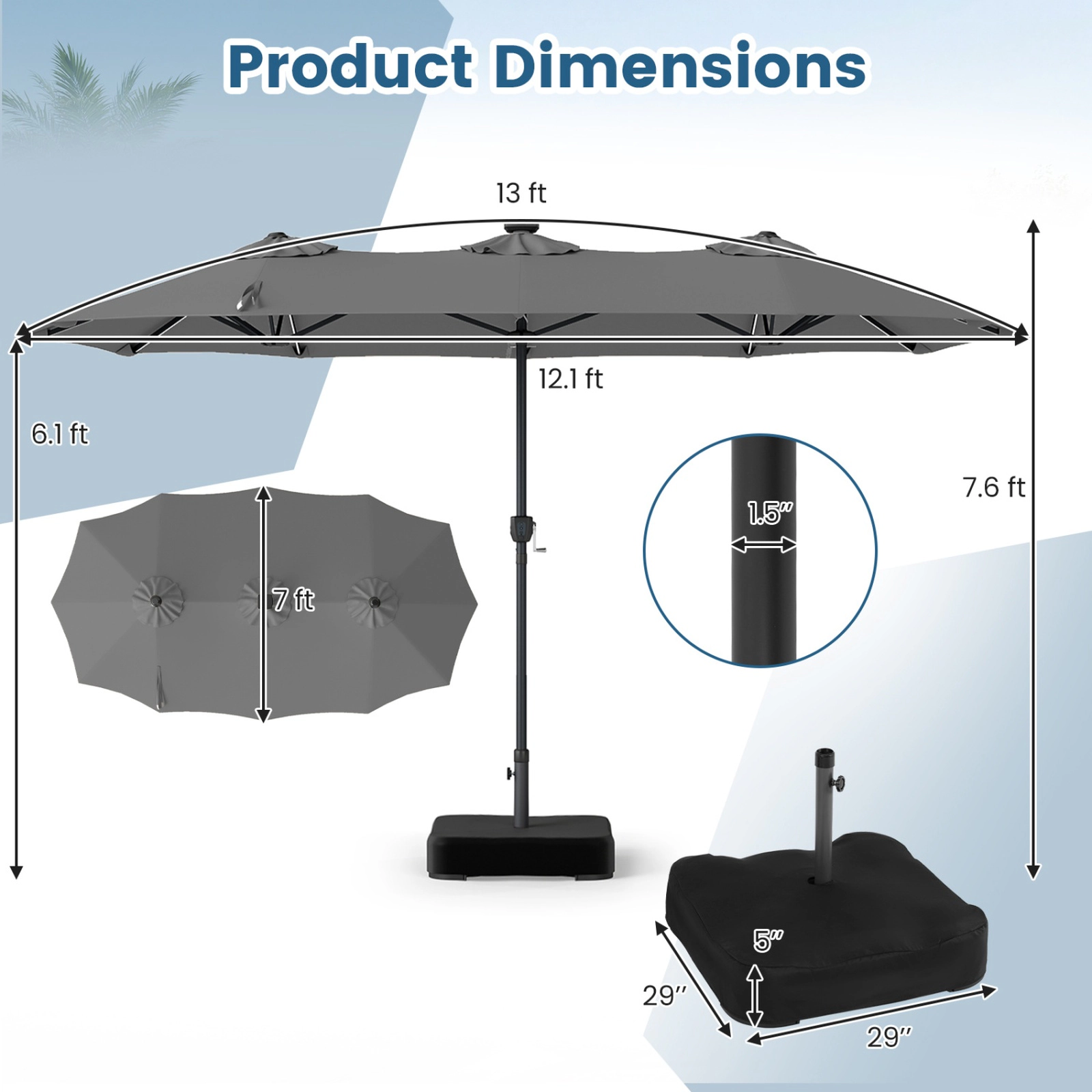 SUGIFT 13-ft Gray Rectangular Double-Sided Patio Umbrella with Solar LEDs and Weighted Base