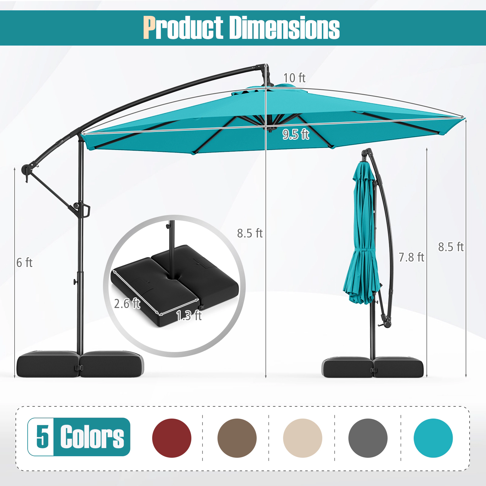 SUGIFT 10-ft Turquoise Offset Cantilever Patio Umbrella with Base Infinite Tilt and 360-Degree Rotation