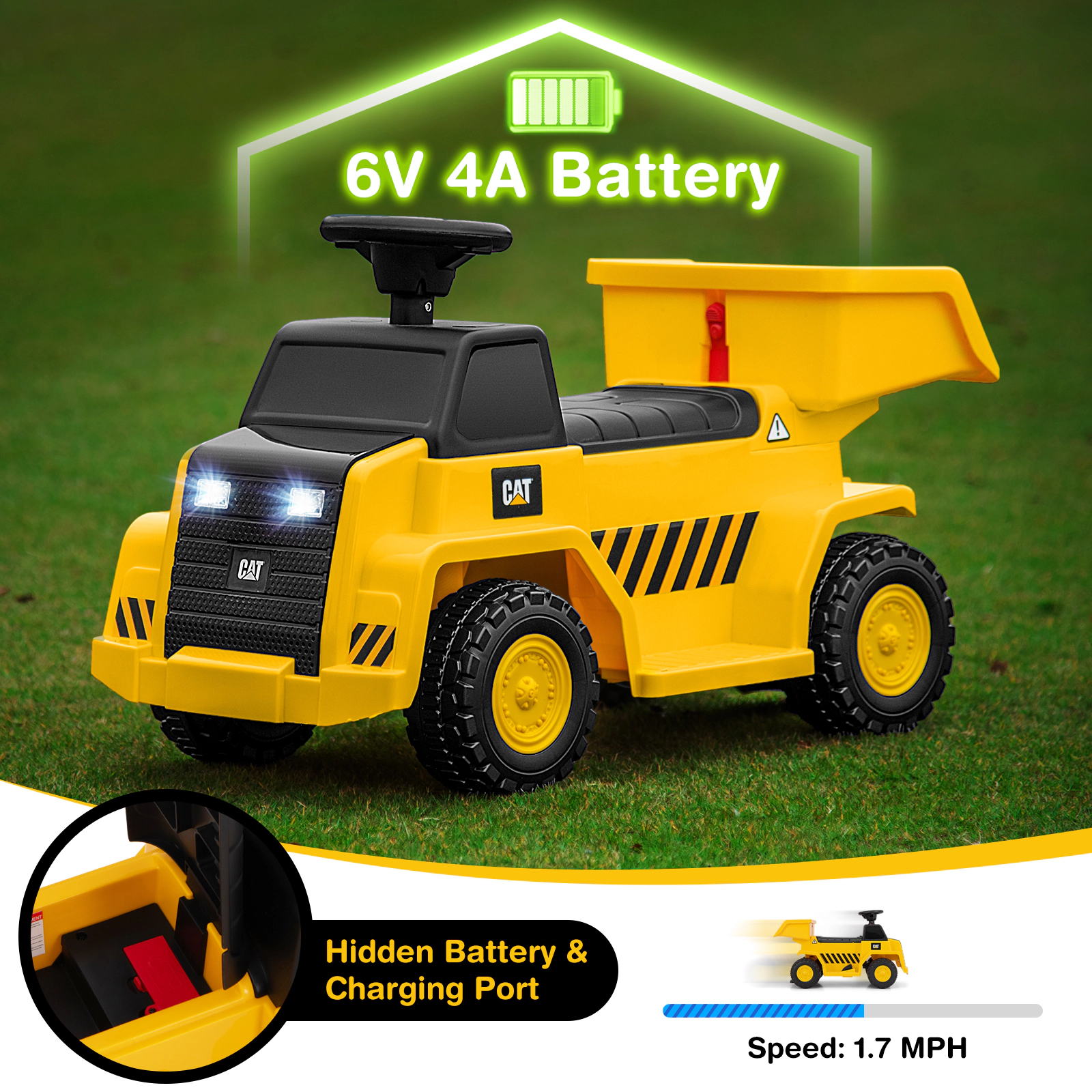 SUGIFT 6V Yellow Kids Ride-On Caterpillar Dump Truck with One Button Start and LED Lights 19-in W 17-in H