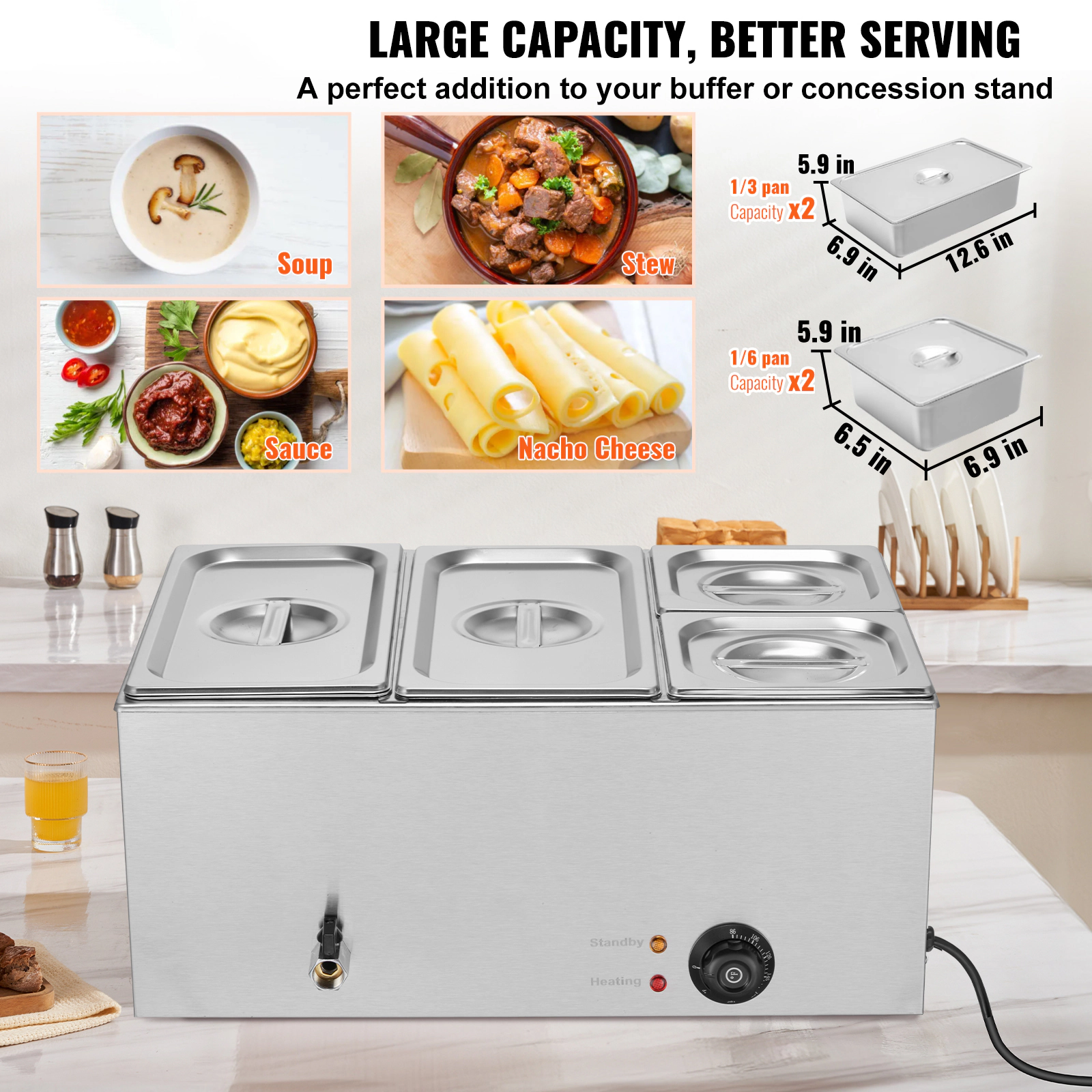 HONGGE 24QT Commercial Food Warmer Electric Steam Table 1200W Professional Countertop Stainless Steel Buffet Bain Marie
