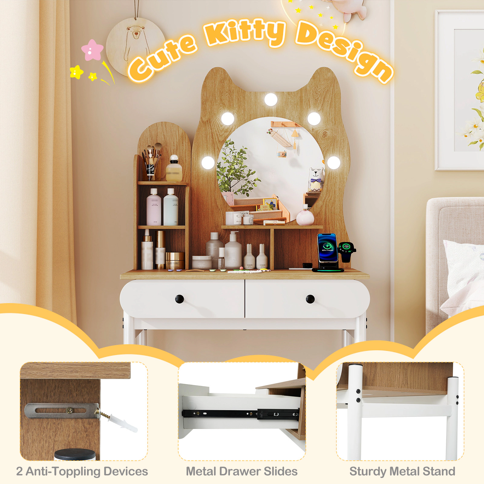 LJG Small Vanity Desk with Mirror and Lights Cute Kitty Makeup Table with Power Outlets