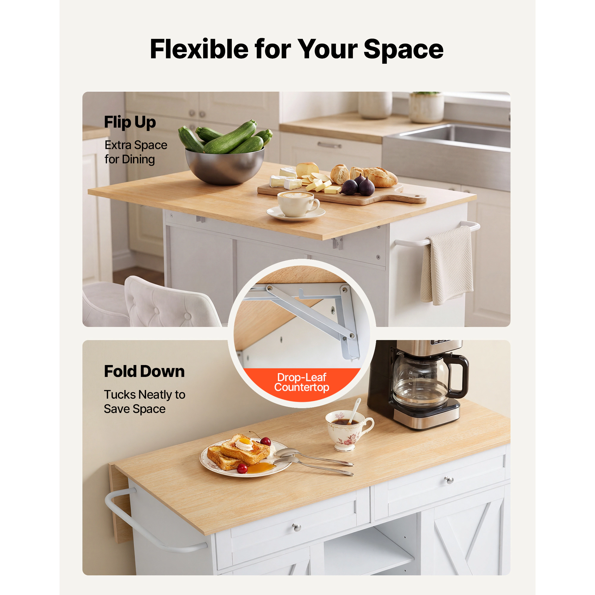 HONGGE Kitchen Island Cart with Storage Mobile Rolling Storage Island on Swivel Wheels with 2 Drawers Storage Cabinet