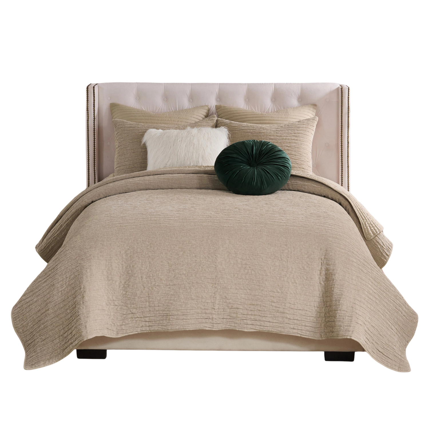 Greenland Home Fashion Velvet Crush Chenille Microfiber Back Poly Fill Quilt Set 3-Piece Full/Queen Khaki