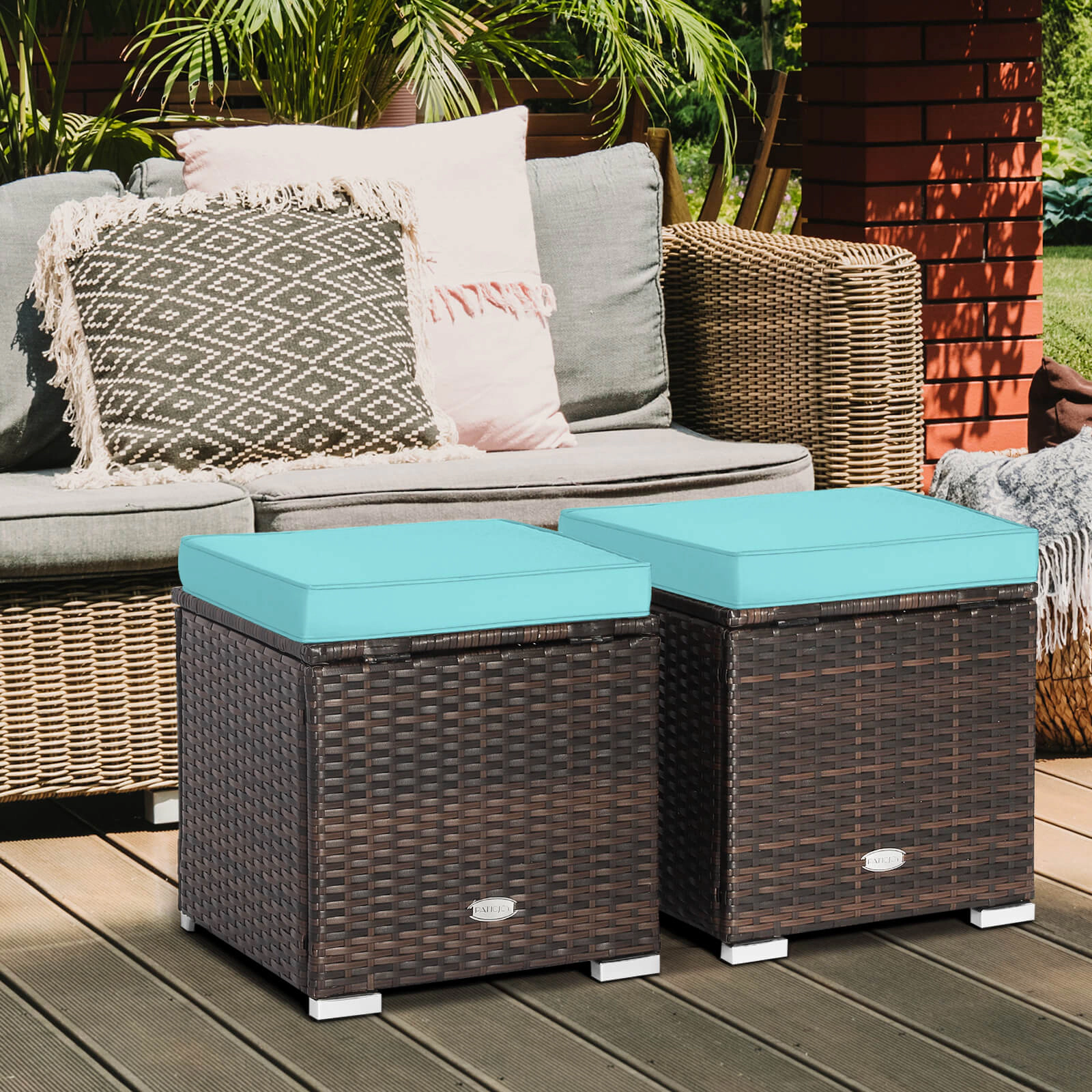 SUGIFT 2-Piece Patio Storage Ottoman Set with Removable Cushions 350-lb Top Capacity Mix Brown Rattan Turquoise