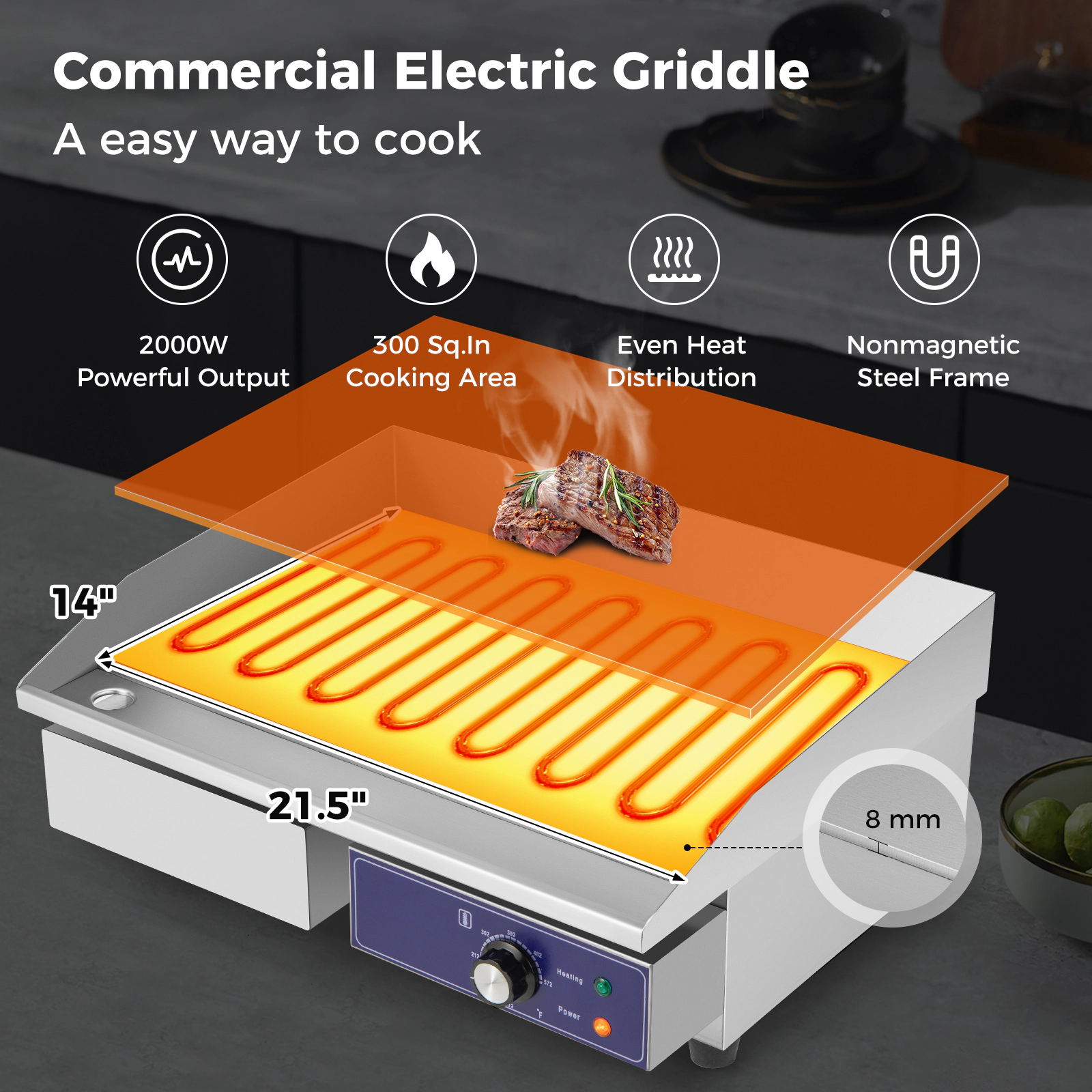 LJG 22 Inch Countertop Electric Griddle 2000W 110V Commercial Stainless Steel Grill