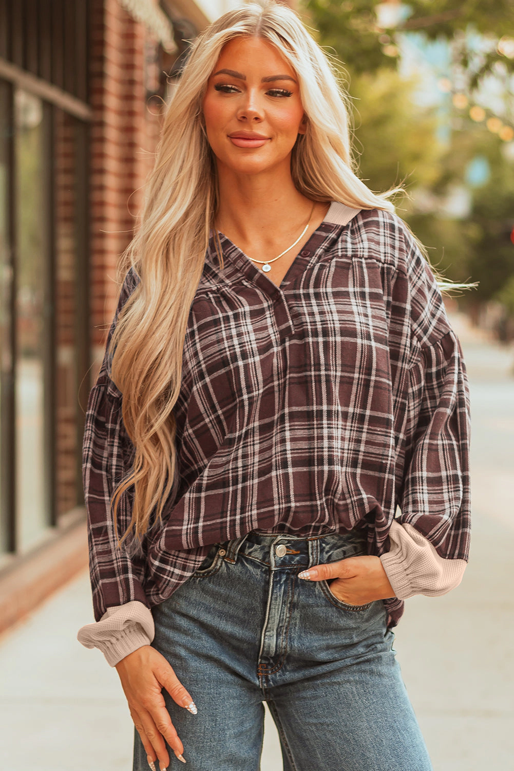 Threaded Pear Women's Lauren Plaid Patchwork Long Sleeve Hooded Top