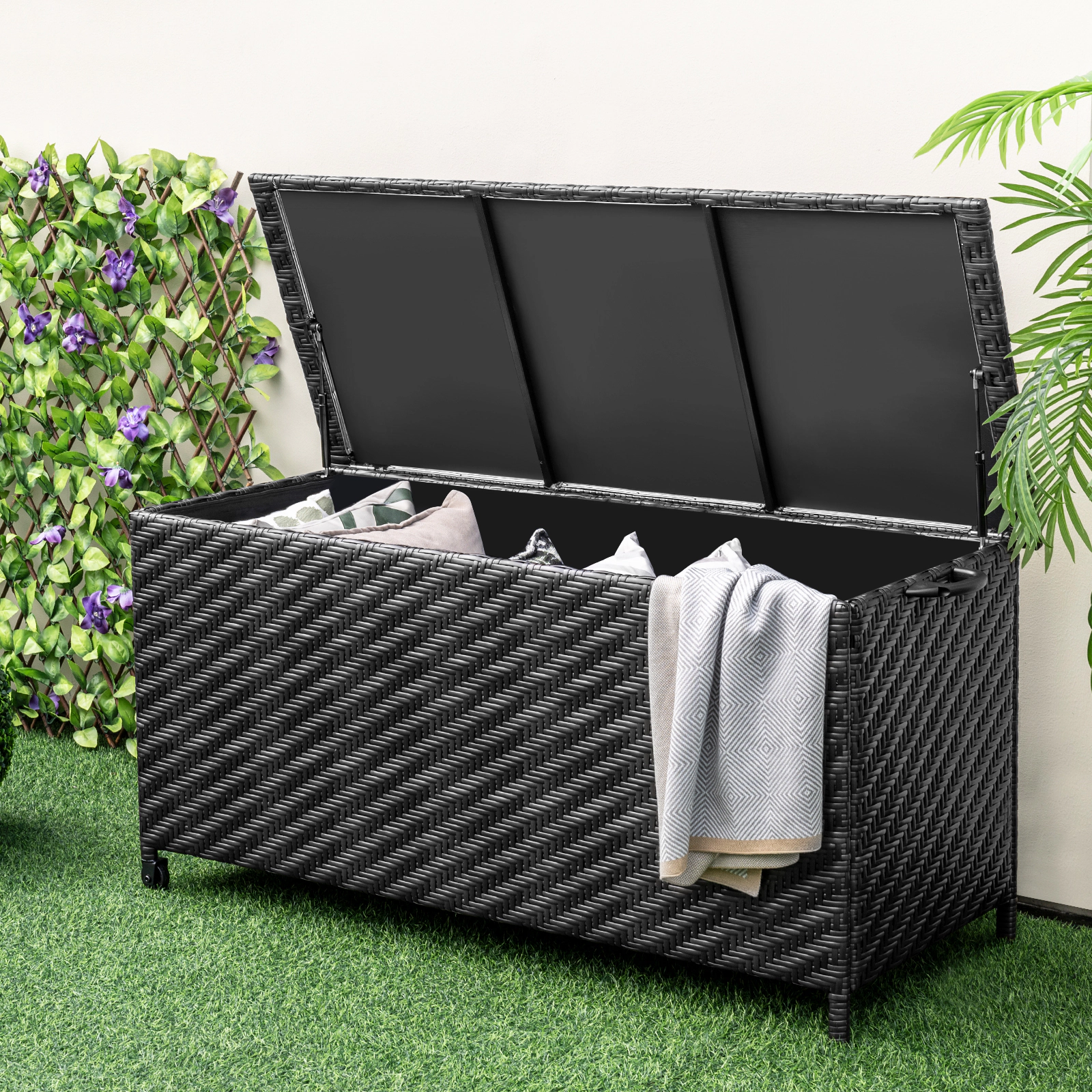 SUGIFT 85 Gallon PE Rattan Outdoor Storage Box with Liner and Wheels 66-lb Top 88-lb Bottom Capacity Brown/Black