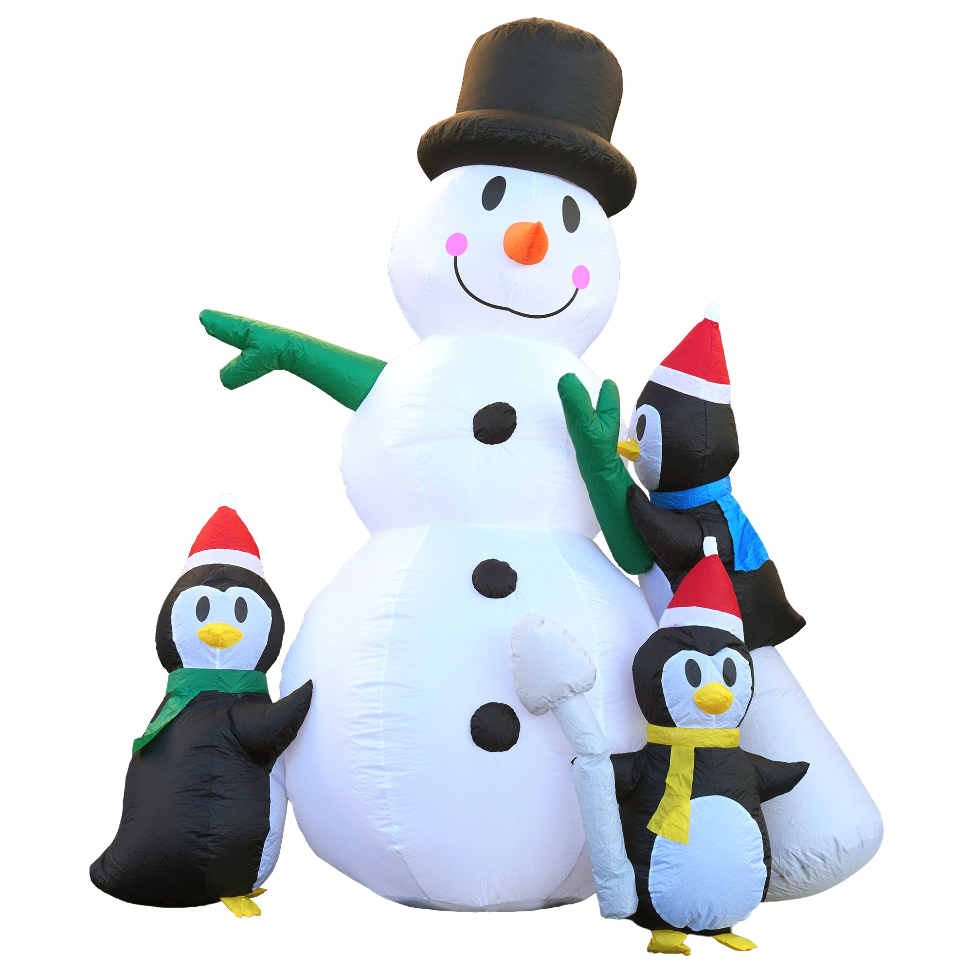 G128 8 ft Snowman with Three Penguins Inflatable, LED Lights, Weather-Resistant Outdoor Decor