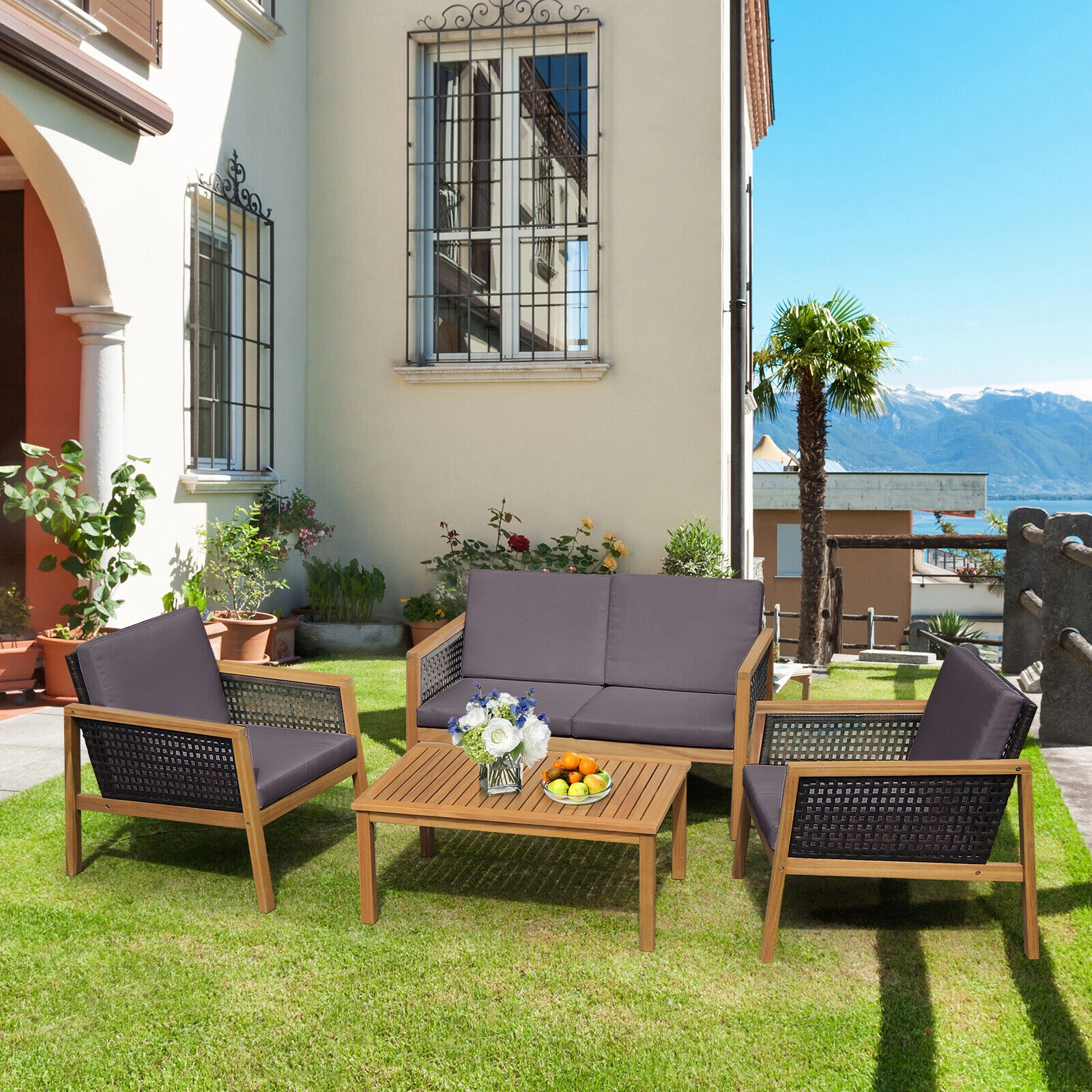 LJG 4 Pieces Patio Rattan Furniture Set with Removable Cushions