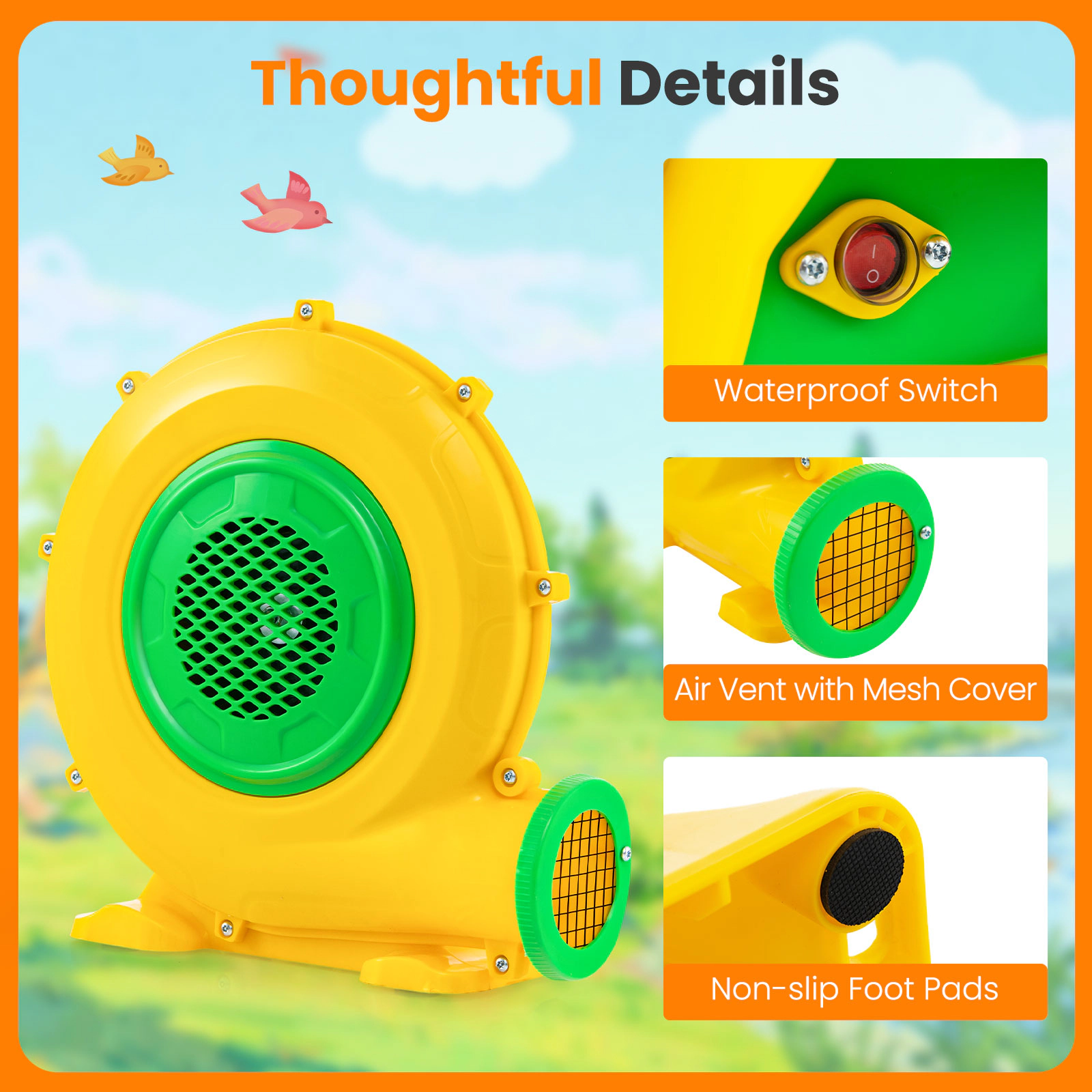 SUGIFT Yellow 680W Air Blower for Kids Bounce House with Carry Handle and 4 Ground Stakes 13-ft Power Cord