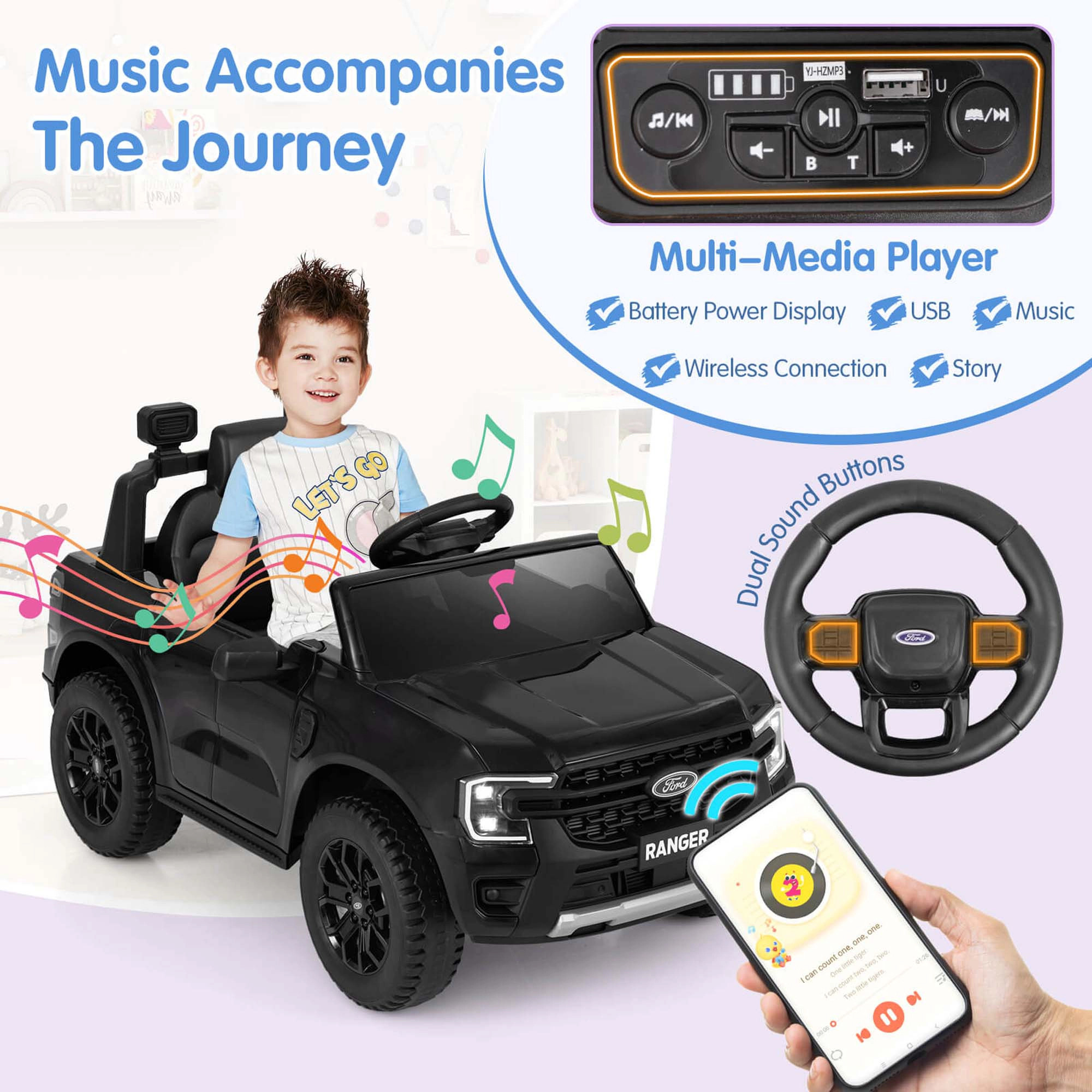 Costway 12V Licensed Ford Ranger Kids Ride on Car with Remote Control Storage Basket White/Black