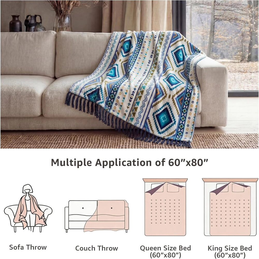 Technopliance Boho Tassel Throw Blanket 50 x 60 Inch Blue White