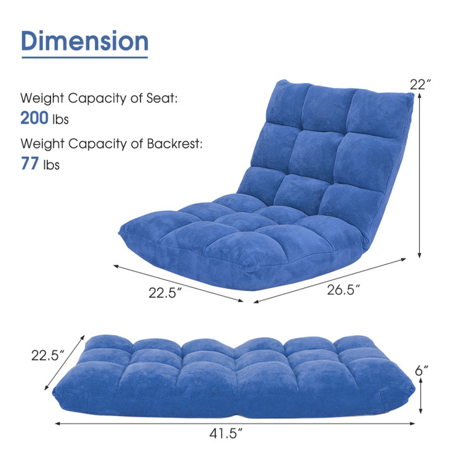 SUGIFT 14-Position Adjustable Cushioned Floor Chair 200-lb Seat Capacity 77-lb Backrest Capacity Blue