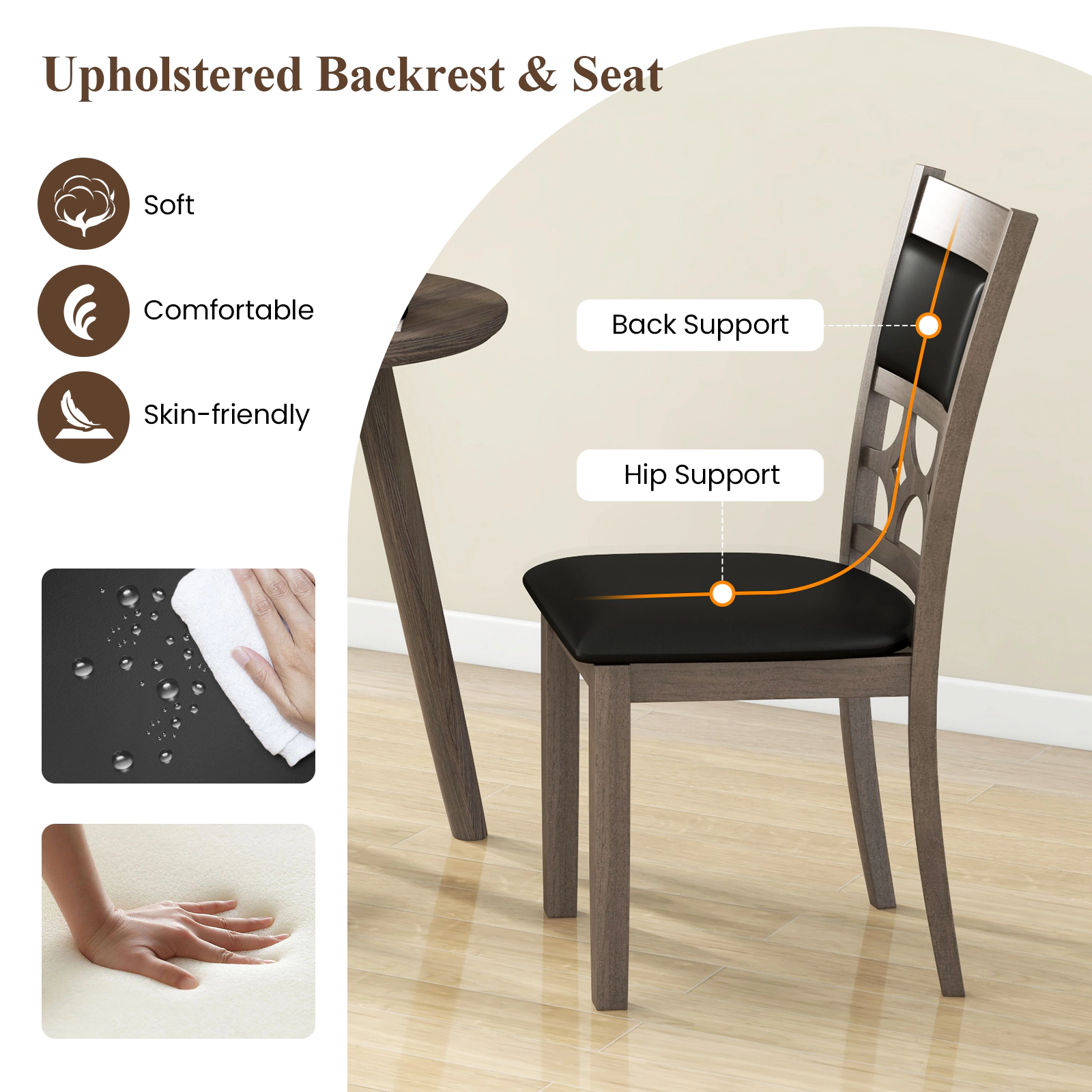 SUGIFT Upholstered Dining Chair Set of 2 with Padded Backrest and Seat 286-lb Capacity Cappuccino Black