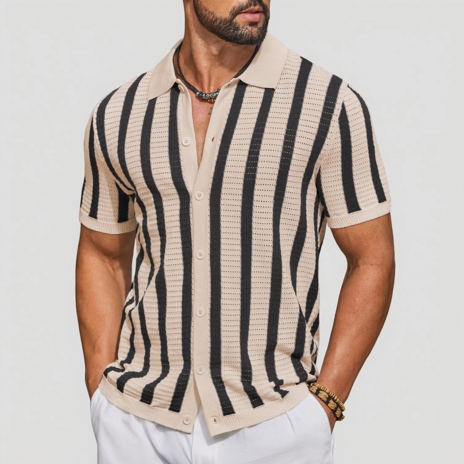 COOFANDY Mens Short Sleeve Button Down Shirt Striped Polo Collar Casual  Top