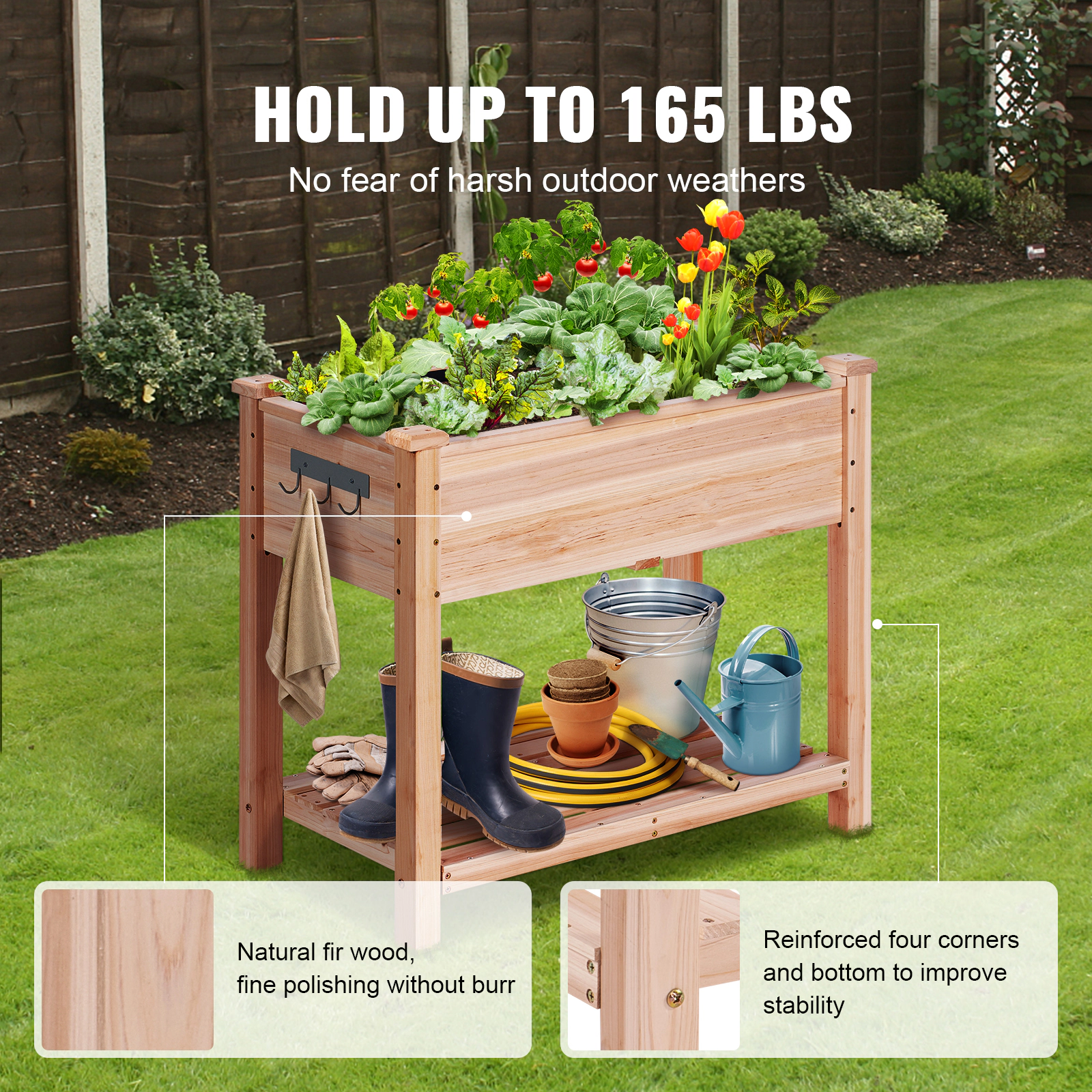 HONGGE 34 x 18 x 30 In Wooden Raised Garden Bed with 2-Tier Storage Shelf, Fir Wood, Holds 165 lbs