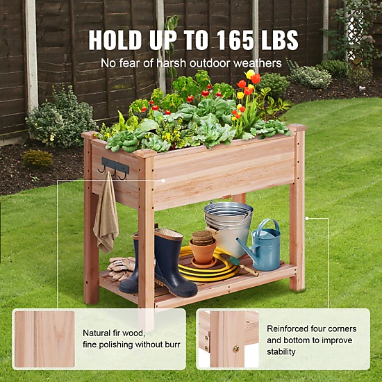 HONGGE 34 x 18 x 30 In Wooden Raised Garden Bed with 2-Tier Storage Shelf, Fir Wood, Holds 165 lbs