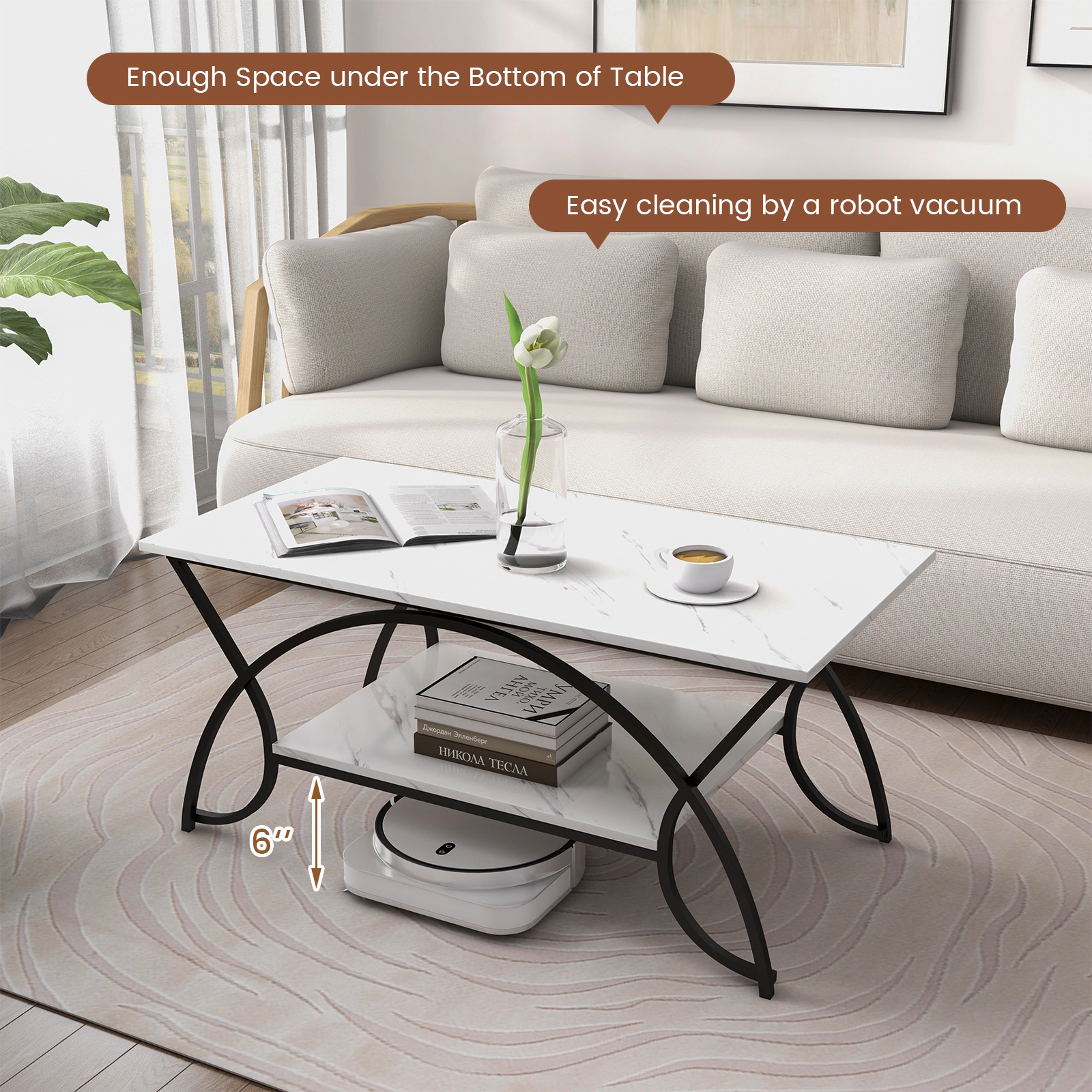 Glintex 2-Tier 39.5-Inch Faux Marble Coffee Table with Arched Metal Frame
