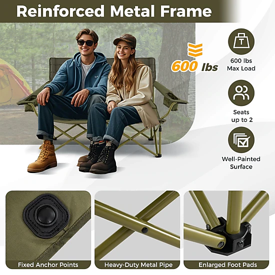 SUGIFT 660-lb Capacity Oversized Folding Double Camping Chair Loveseat Couch with Dual Cup Holders and Padded Seat