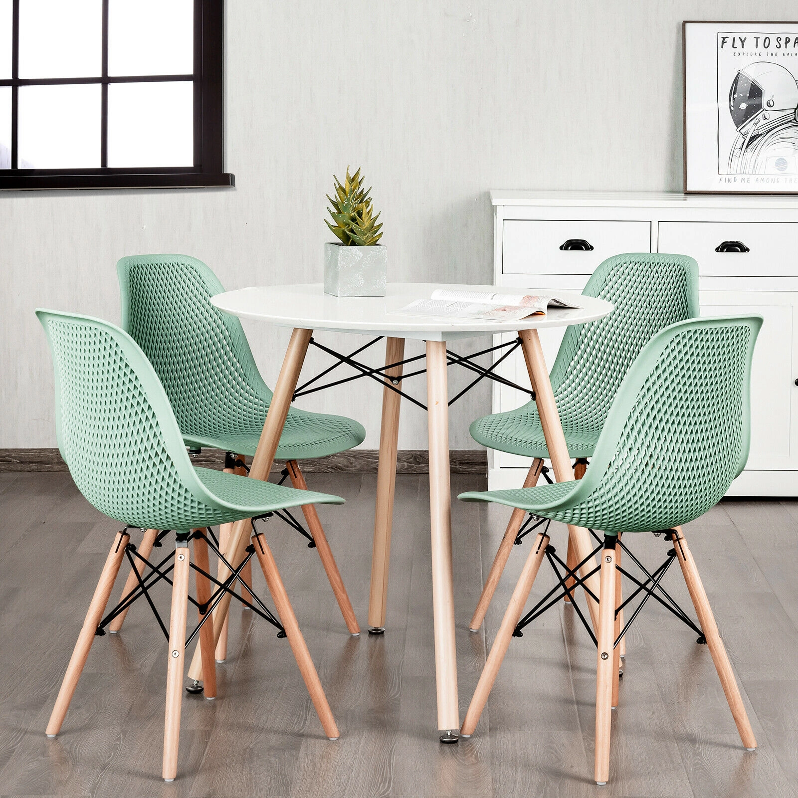 SUGIFT Modern Mesh Plastic Dining Side Chair Set with Beech Wood Legs 331-lb Capacity Green 4-Piece