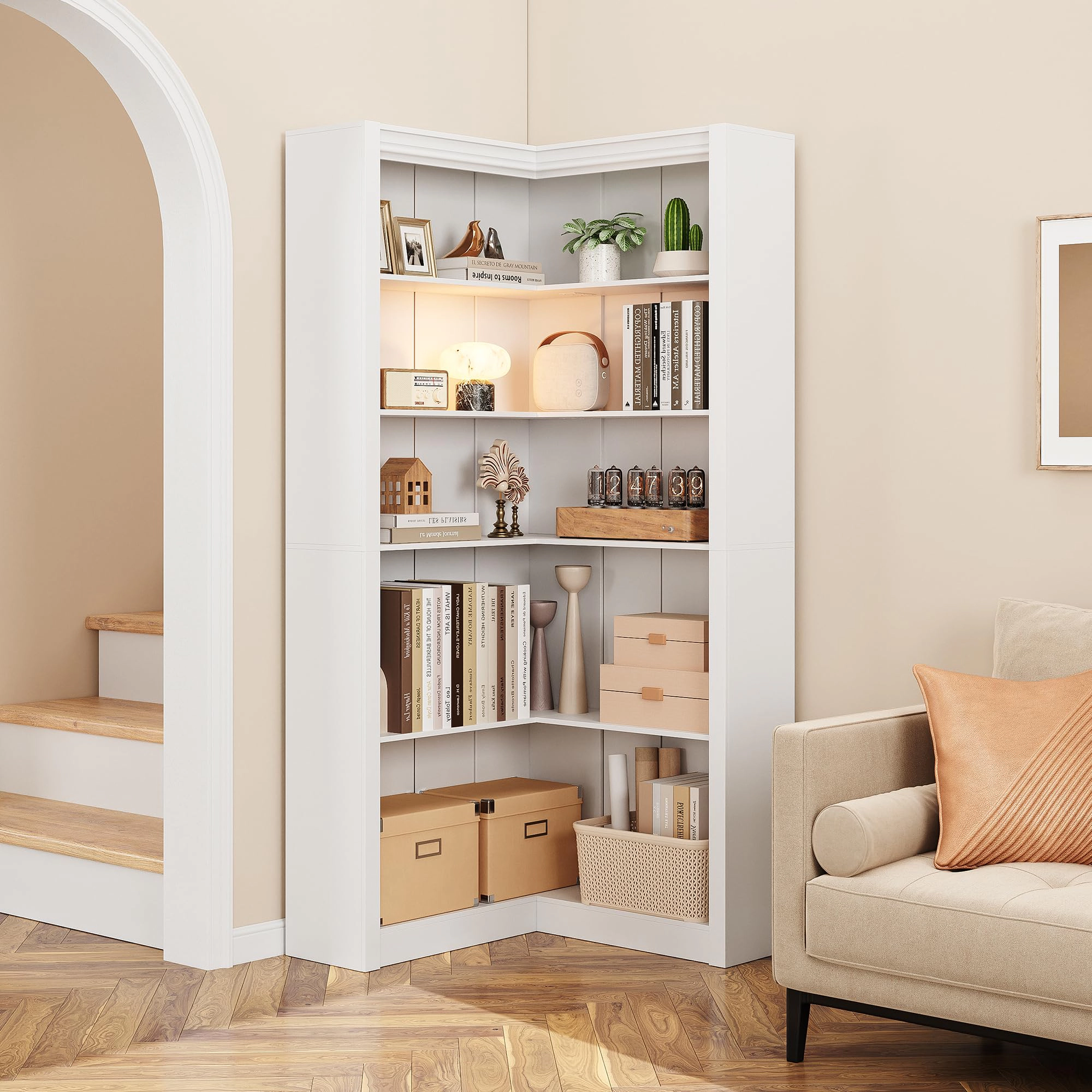 BebreezChic Large Industrial Corner Bookshelf – 5-Tier L-Shaped Wooden Display Shelves