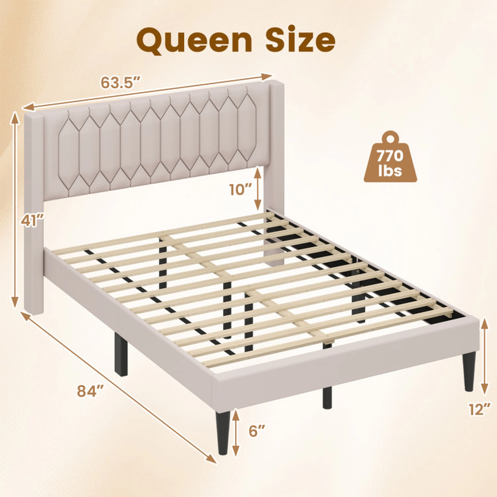SUGIFT Queen Size Beige Upholstered Platform Bed Frame with Wingback Headboard and LVL Slats 770-lb Frame