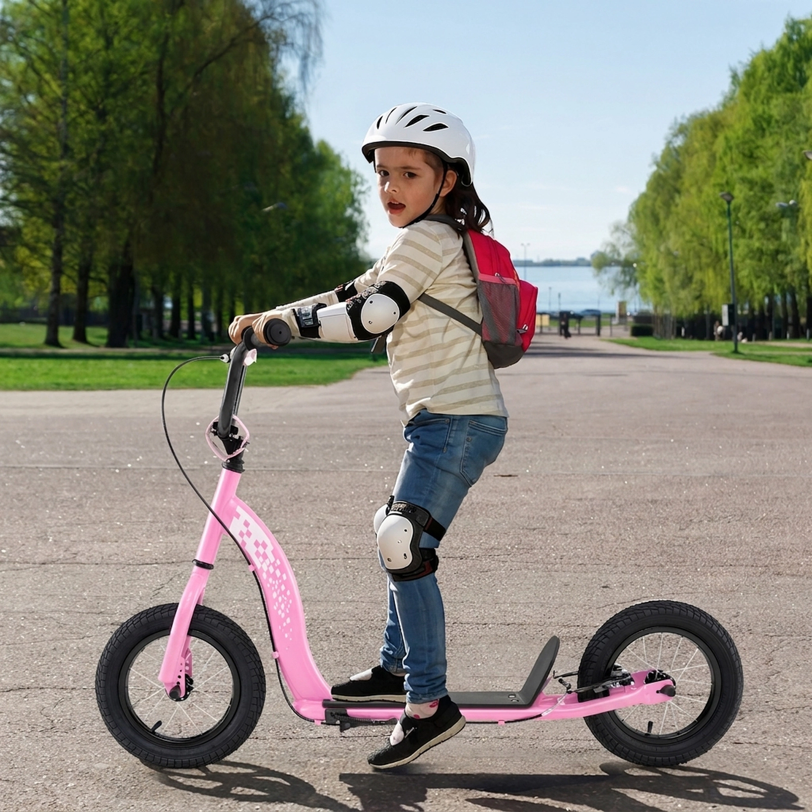 SUGIFT Pink Kick Scooter, 12-Inch Inflatable Rubber Wheels, Adjustable Handlebar, 165 lb Capacity