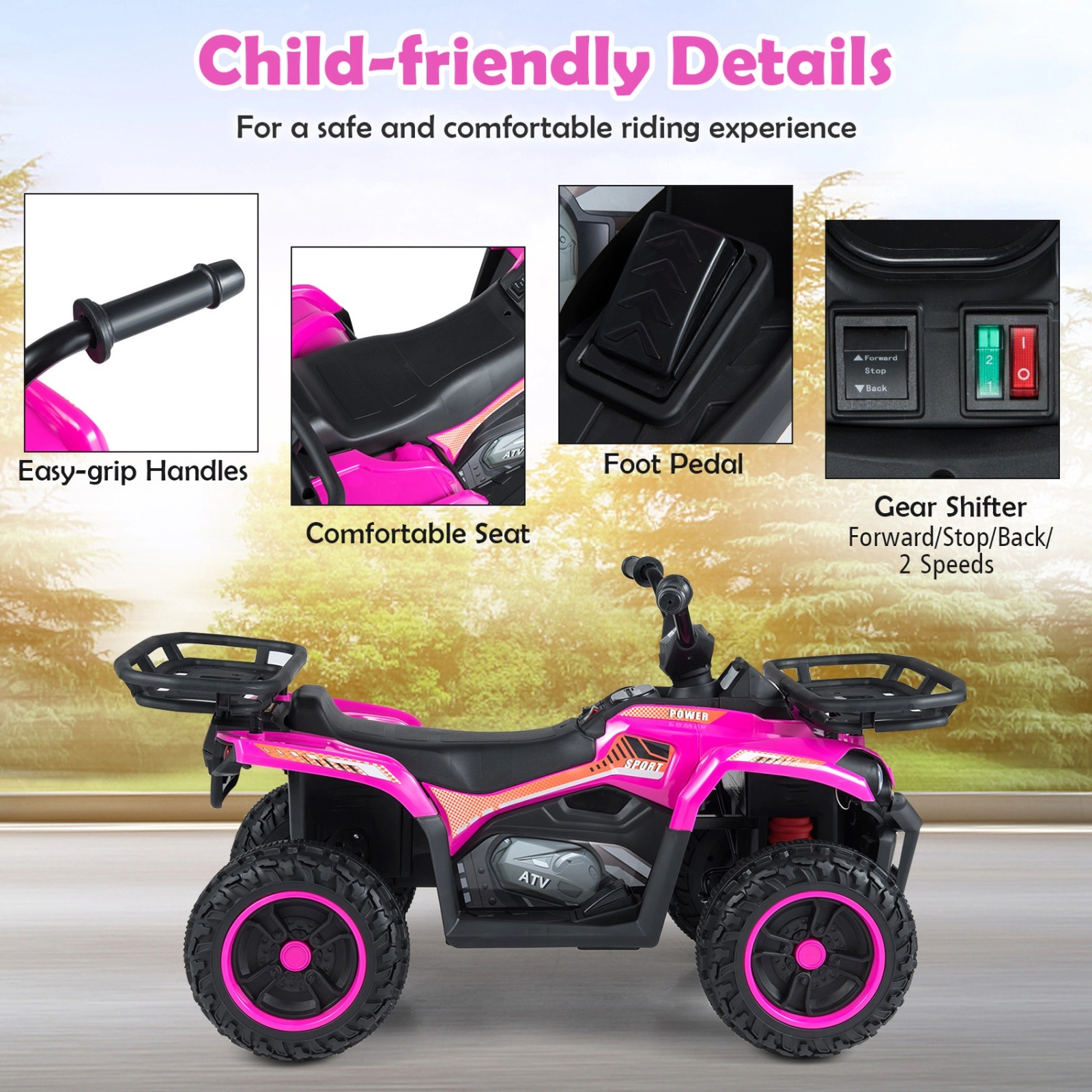 24V Kids Electric Ride On Quad 30-Degree Climbing Ability LED Headlights Gear Shifter Storage SD USB Ages 3+ Pink ATV