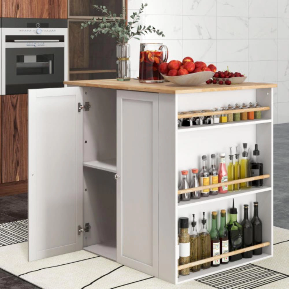 Hivvago Modern Kitchen Island With Rubber Wood Countertop And Storage-White