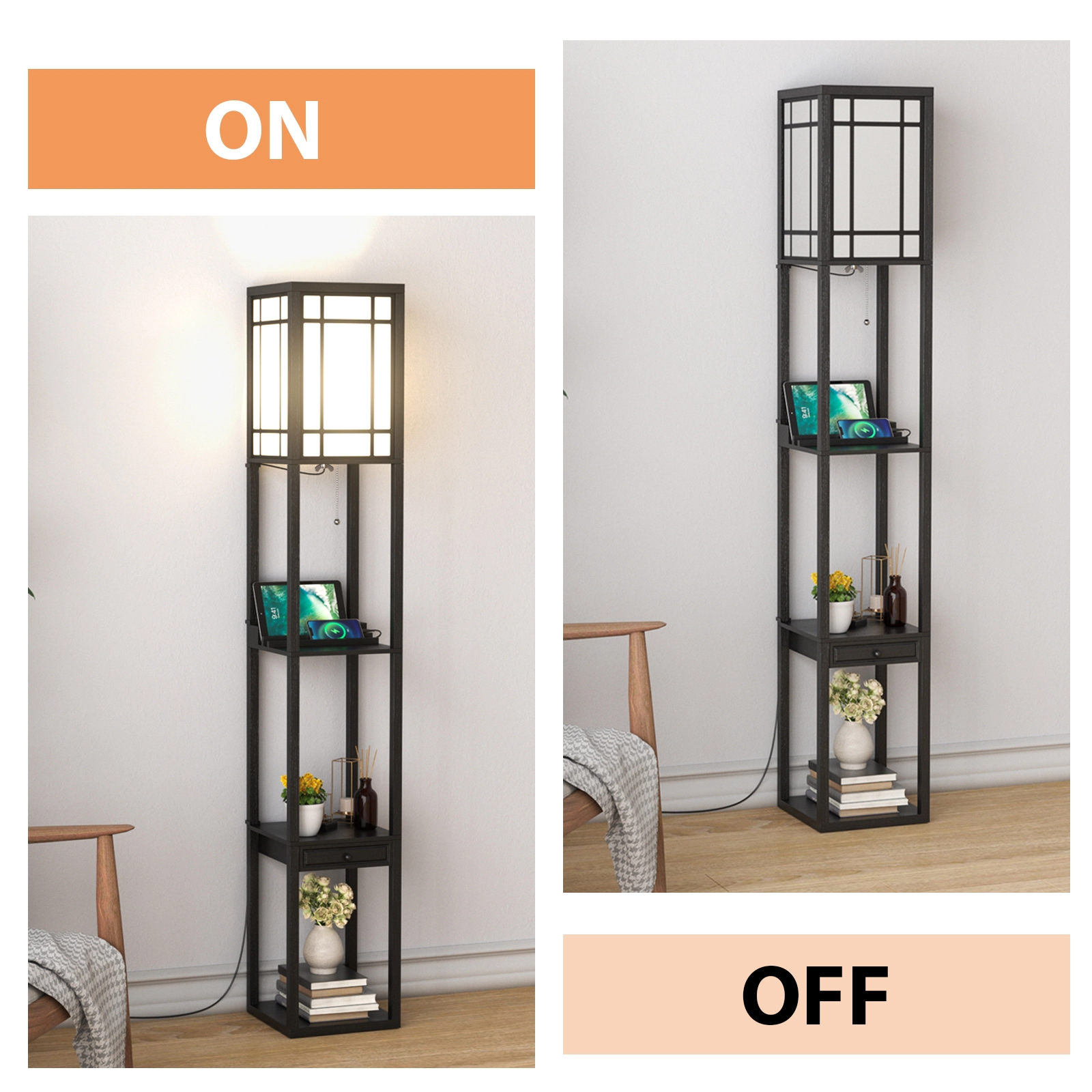 Slickblue Shelf Floor Lamp with USB Ports and Outlet 63in Black Storage Lamp with Shelves Drawer