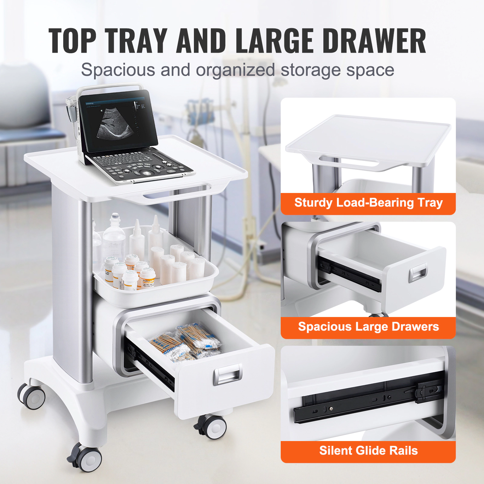 HONGGE Lab Carts Lab Utility Cart with & 1 Top Tray Mobile Medical Cart with ABS Material Lab Rolling Cart with 4
