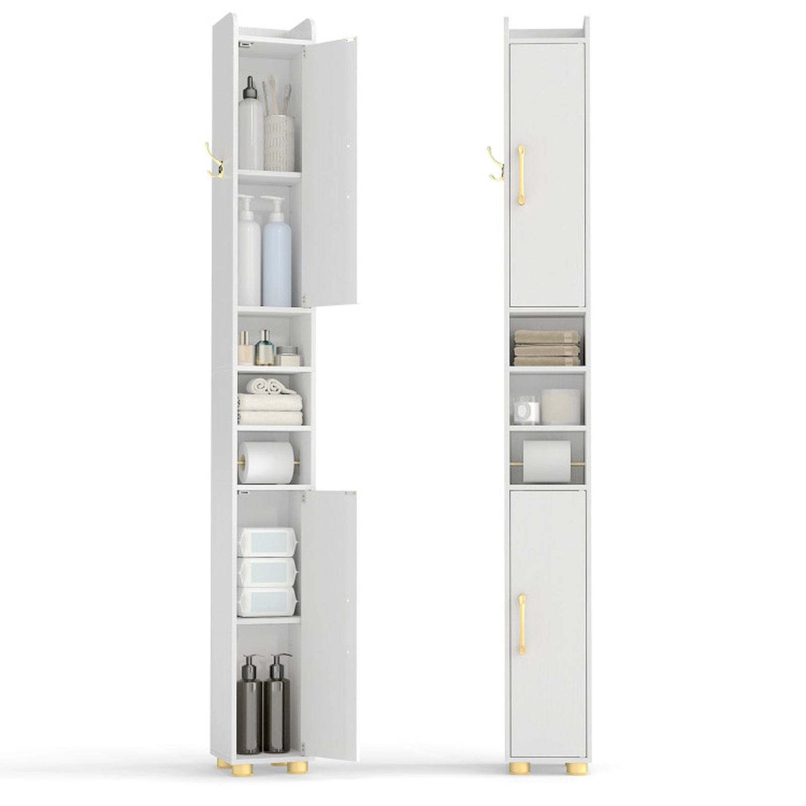 SUGIFT Narrow Toilet Paper Holder 2 Open Shelves Bathroom Storage Cabinet 8-in x 8-in x 69.5-in 11-lb per Shelf White