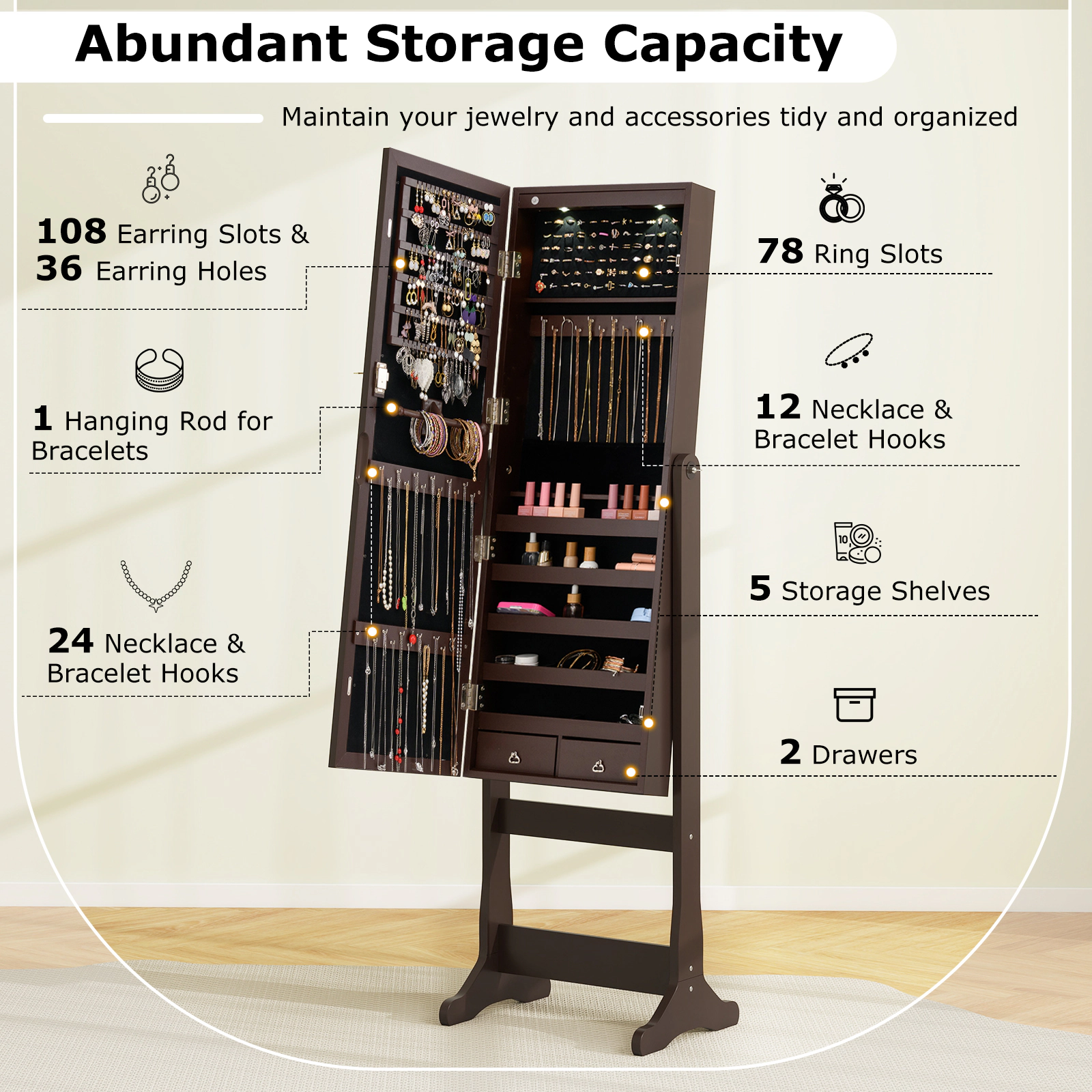 Slickblue Floor Standing Jewelry Cabinet with Mirror, LED Lights and Multi Compartment Storage