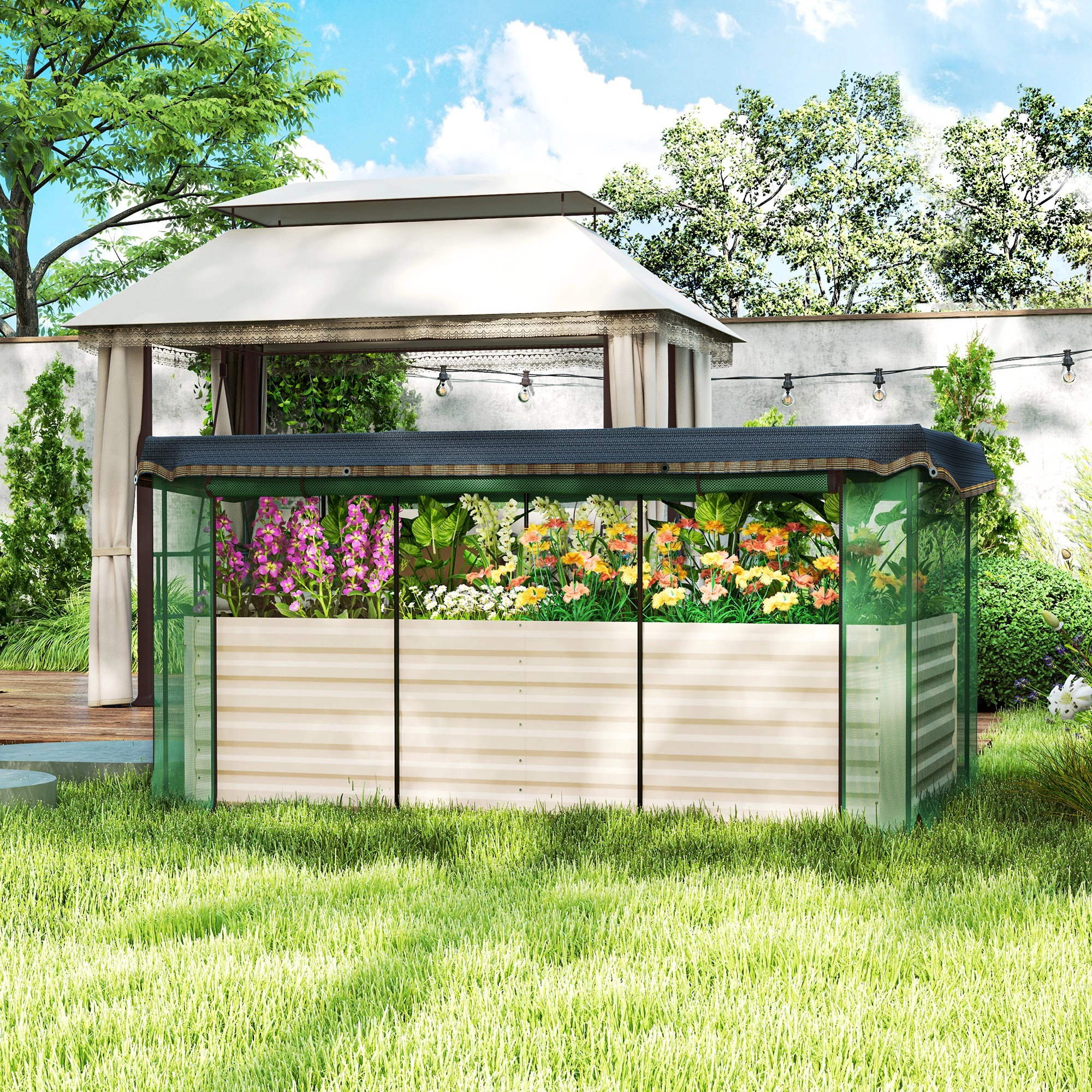 HONGGE Galvanized Steel Planter Box with Crop Cage and Shade Cloth, Raised Garden Bed for Flowers, Veggies Herbs
