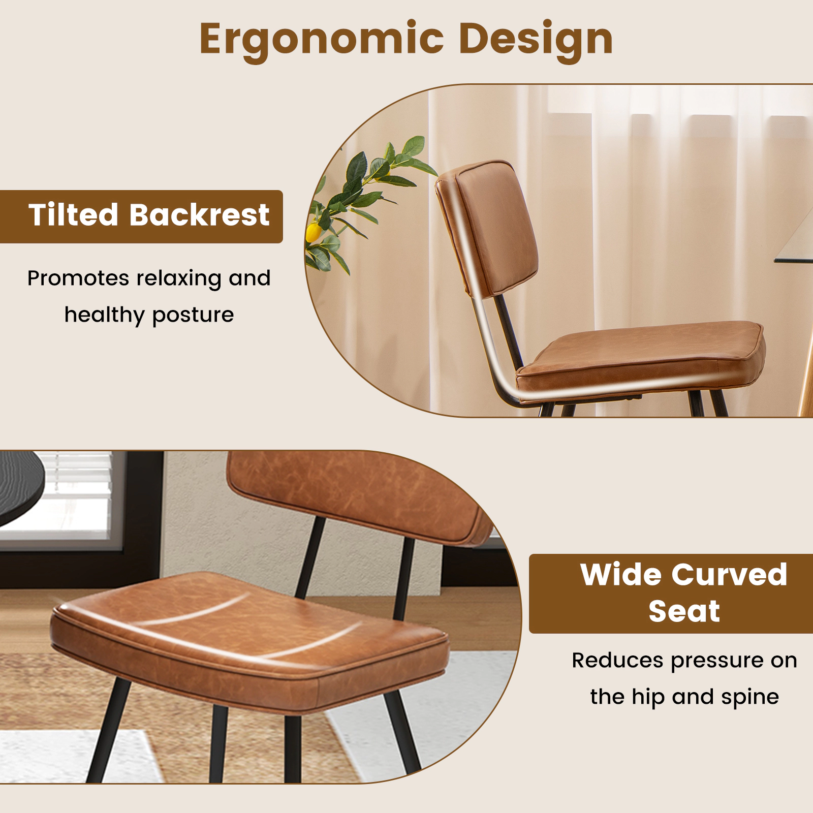 SUGIFT Set of 2 Faux Leather Padded Backrest Metal Frame Dining Chairs 22-in x 19-in x 33.5-in 330-lb Capacity Brown