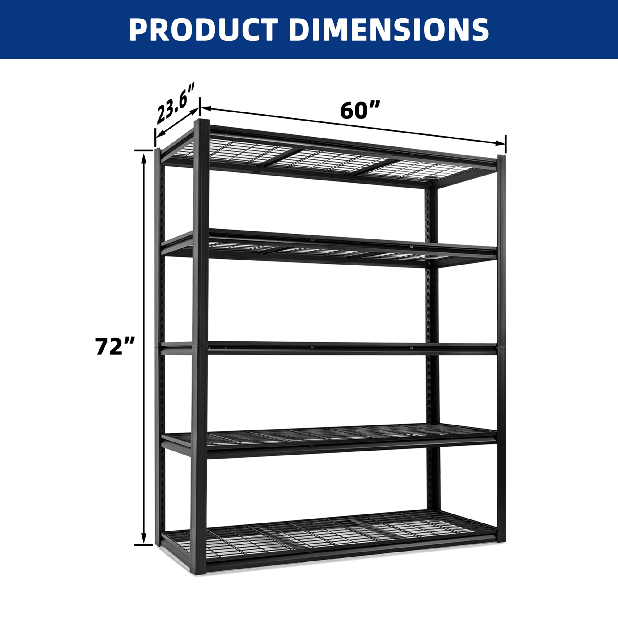 Flynama 5 Tier Heavy Duty Black Metal Utility Shelving Unit Solid Ventilated Shelves 60 in W x 24 in D x 72 in H