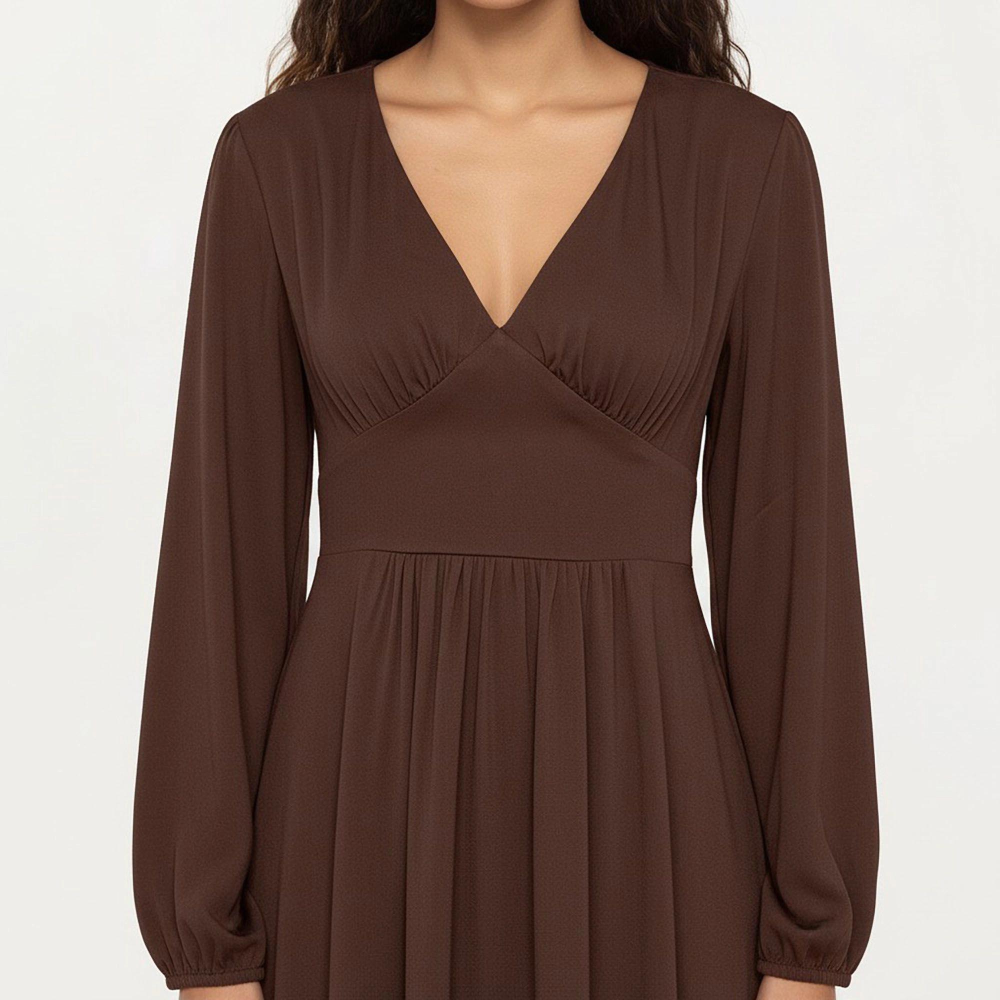 Anna-Kaci Women's Long Sleeve Brown V Neck Elastic Waist Dress