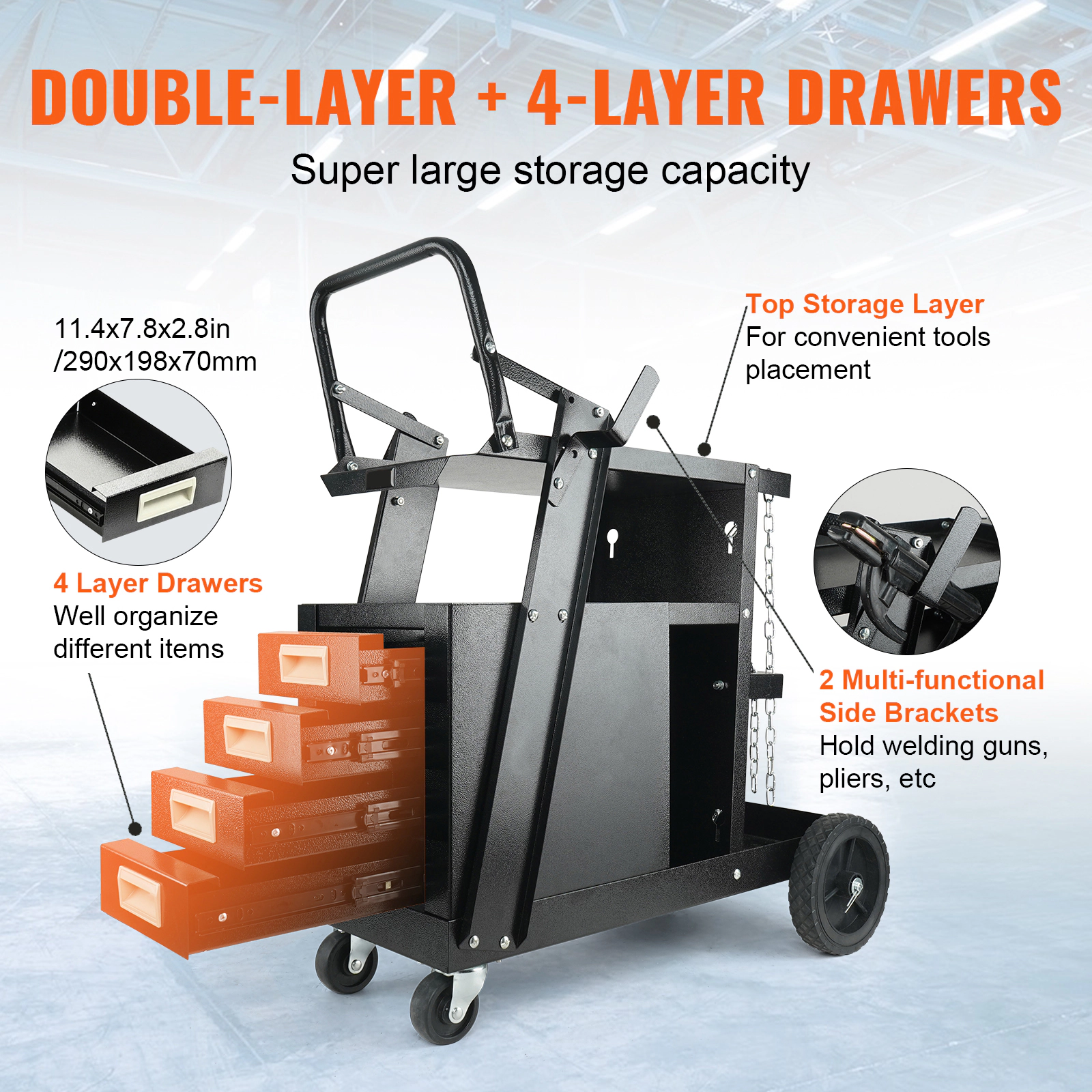 HONGGE 2-Tier Rolling Welding Cart with 4 Drawers, 265 lbs Capacity, Swivel Casters and Gas Cylinder Safety Chains