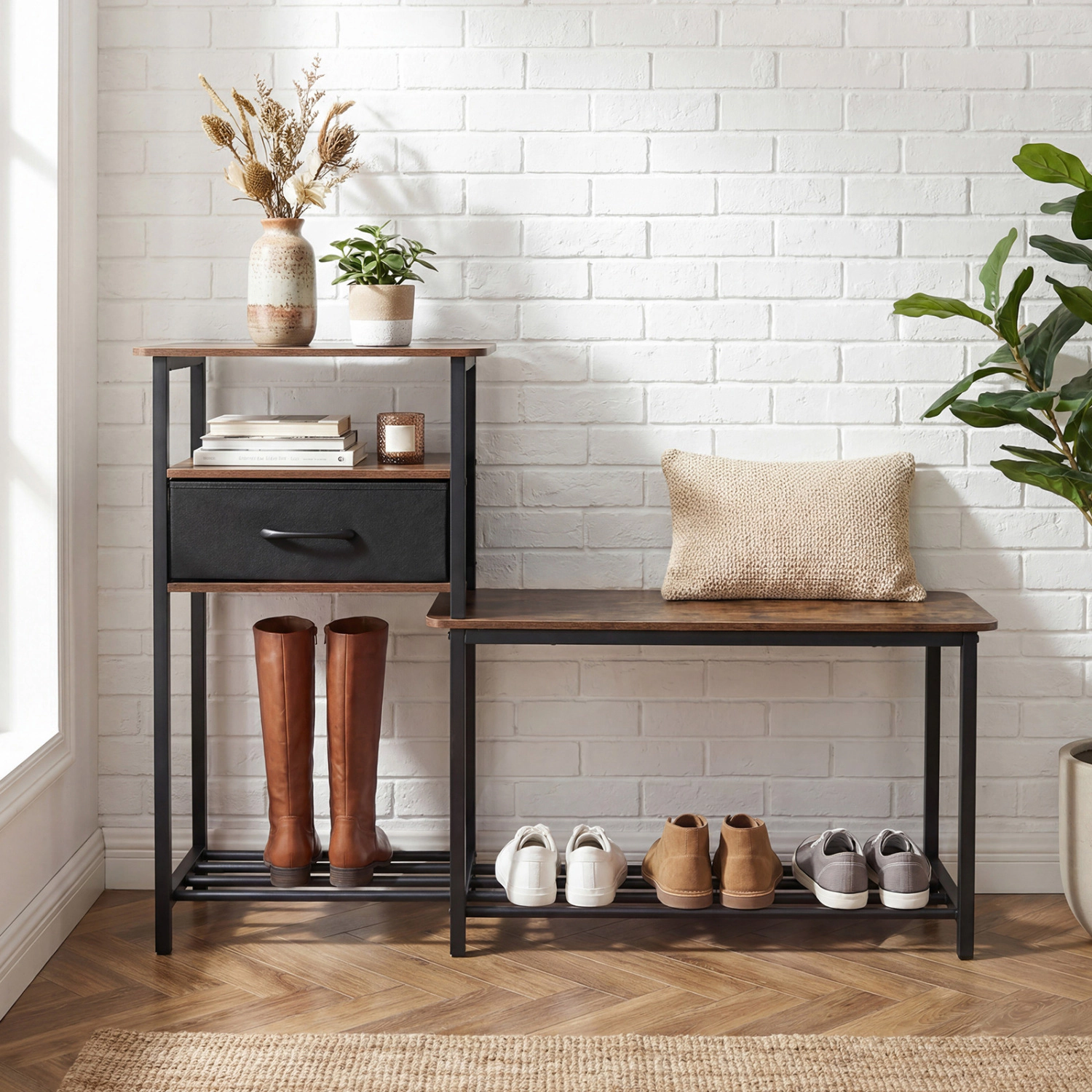 Glintex 2-in-1 Shoe Rack and Bench with Wire Shelves and Fabric Drawer, Rustic Brown