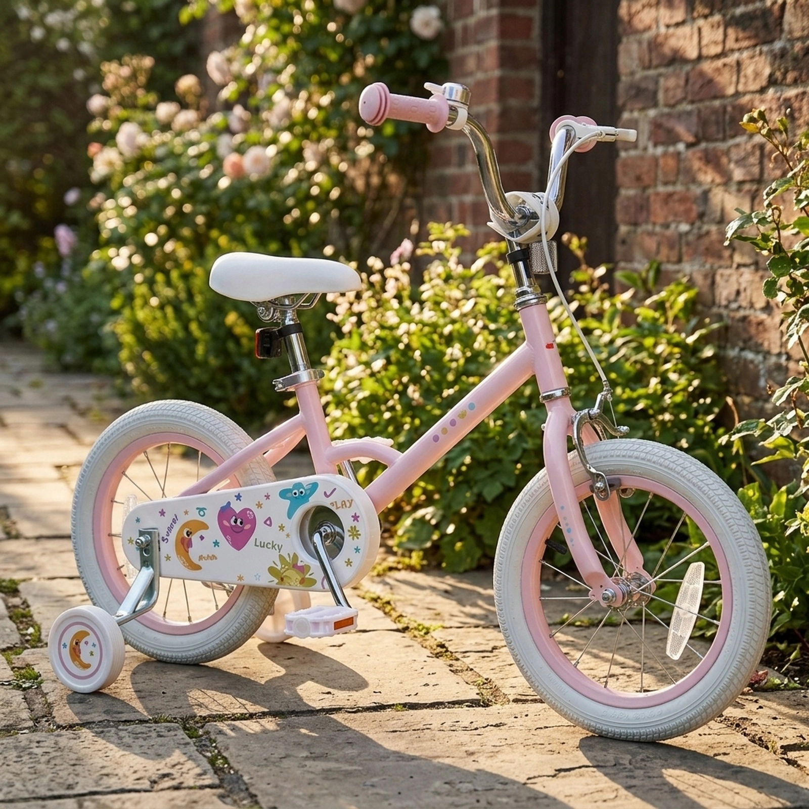 14-in Girls Bike Quick Release Seat 2 Removable Training Wheels 3 Reflectors Dual Brake Kids Ages 3-5 Pink Stars/Moon